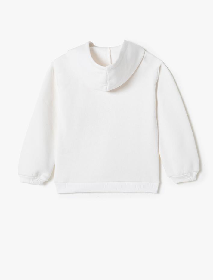 Kız Çocuk Kapşonlu Sweatshirt Kedi Baskılı Uzun Kollu Şardonlu