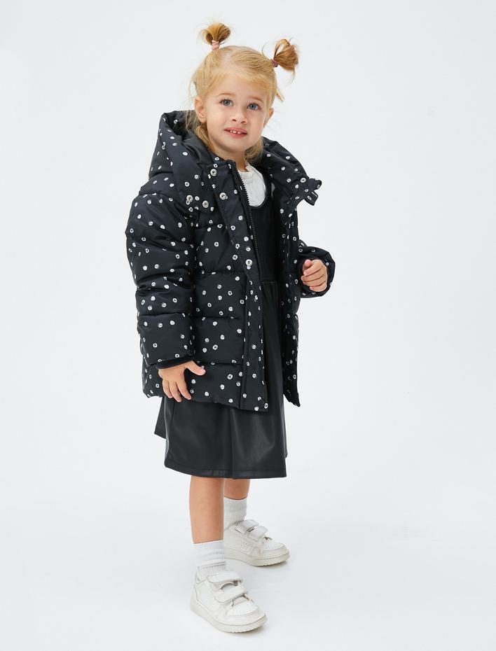 Kız Bebek Kapşonlu Şişme Mont Puantiyeli Fermuarlı Rüzgar Kapaklı