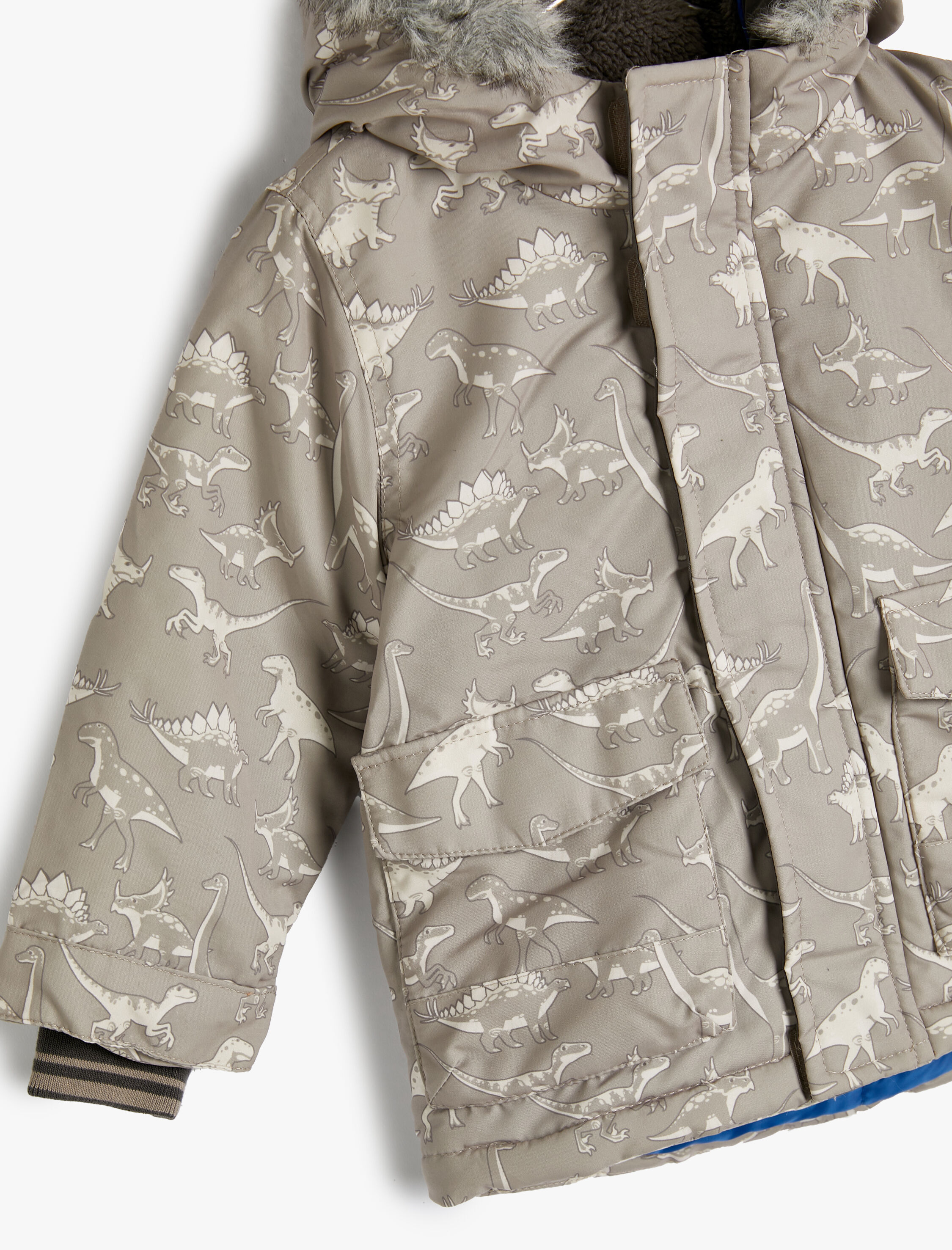 Erkek Bebek Şişme Mont Kapşonlu Suni Kürk Detaylı Fermuarlı Cepli