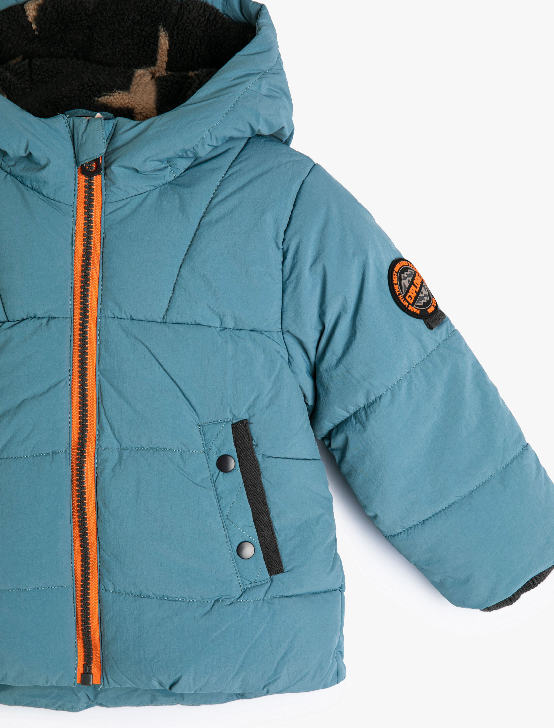  Erkek Bebek Kapşonlu Şişme Mont Fermuarlı Peluş Astarlı