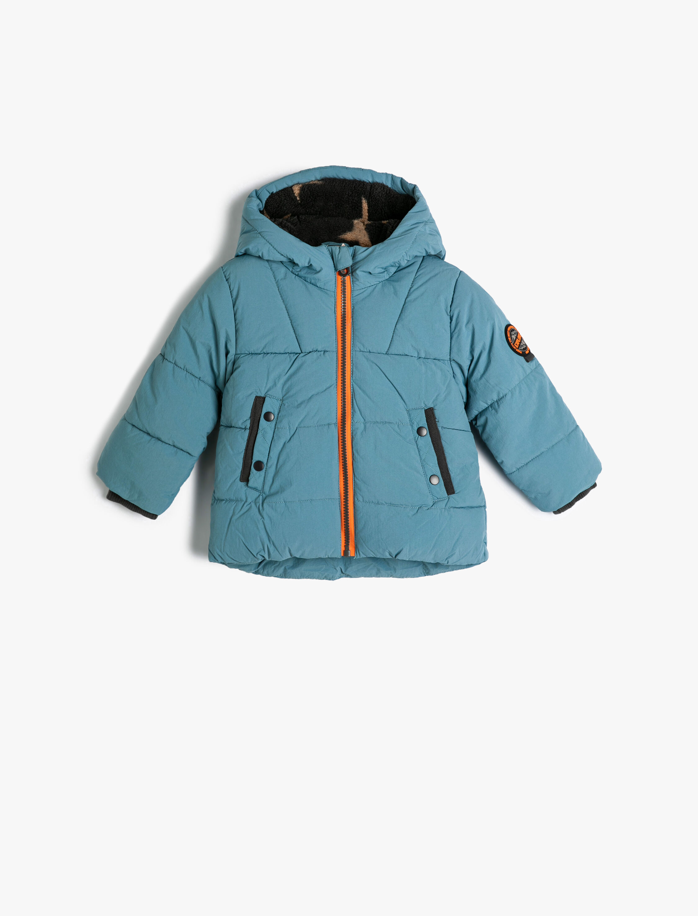  Erkek Bebek Kapşonlu Şişme Mont Fermuarlı Peluş Astarlı