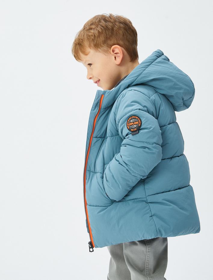 Erkek Bebek Kapşonlu Şişme Mont Fermuarlı Peluş Astarlı