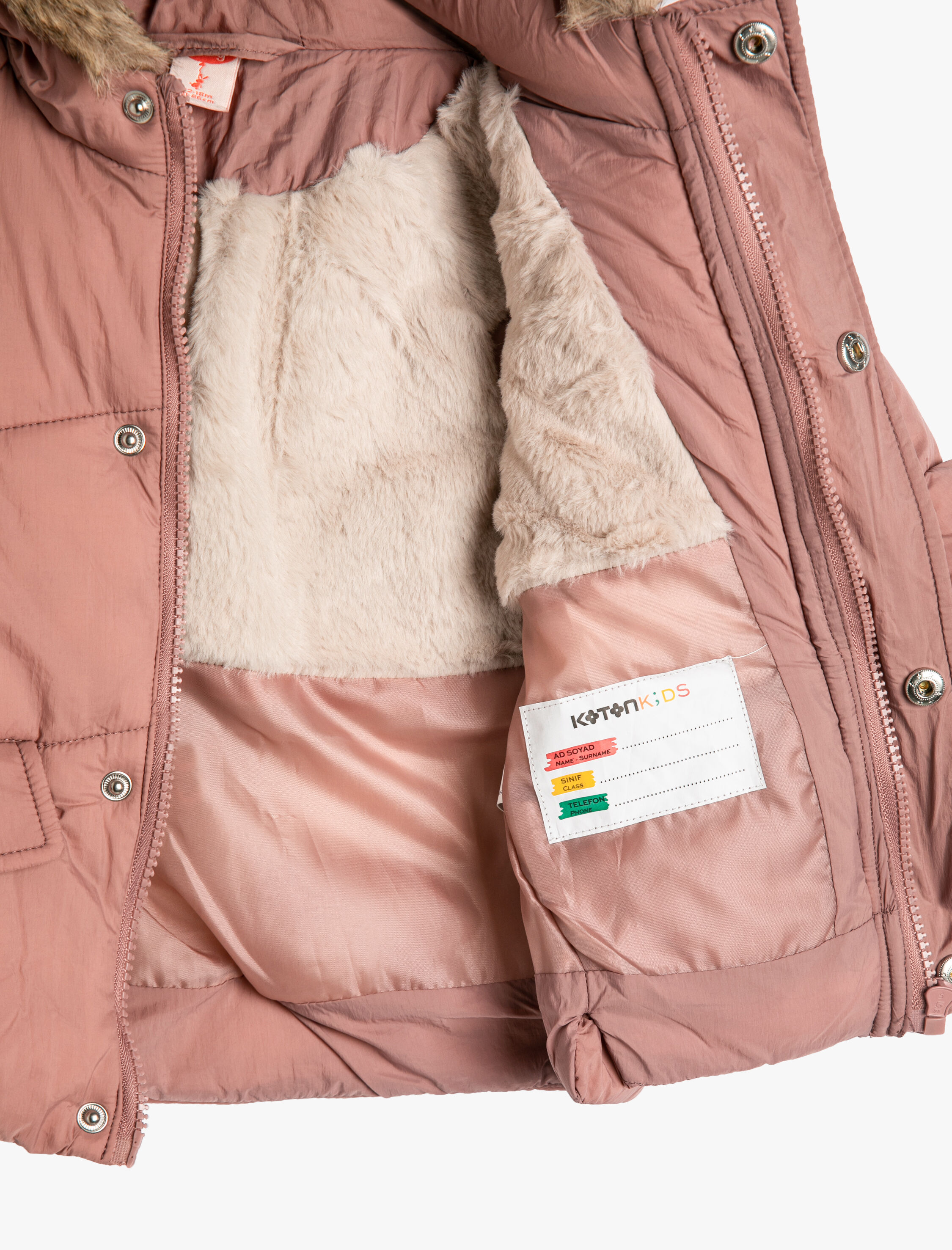  Kız Bebek Şişme Mont Kapşonlu Suni Kürk Detaylı Fermuarlı Cepli