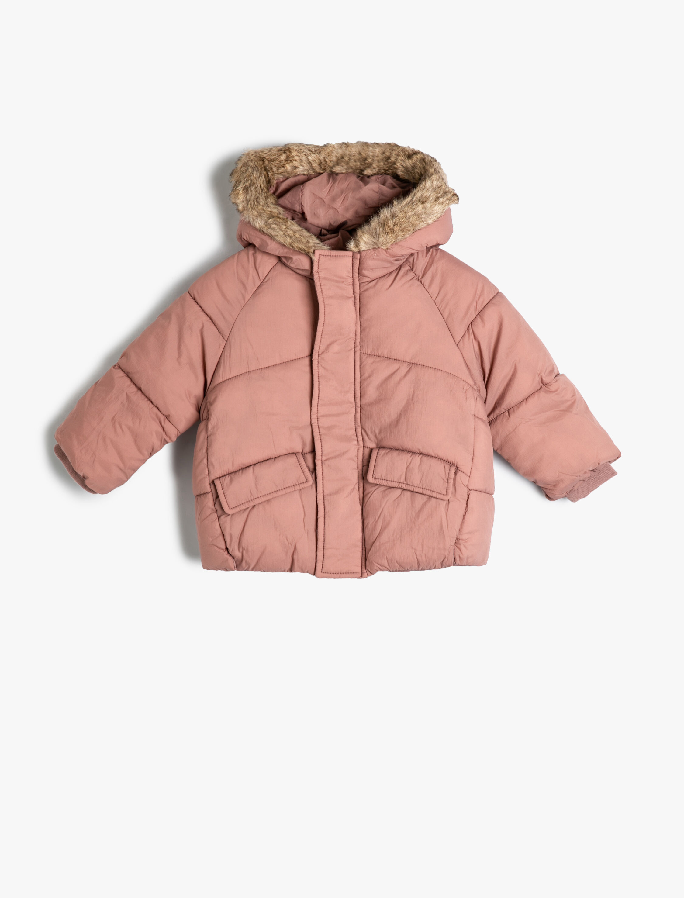  Kız Bebek Şişme Mont Kapşonlu Suni Kürk Detaylı Fermuarlı Cepli