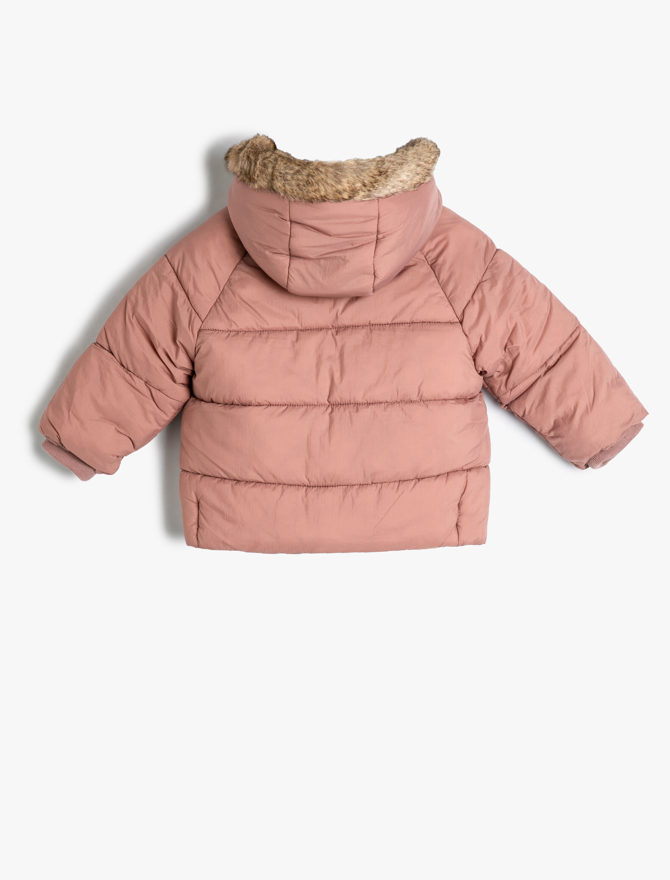  Kız Bebek Şişme Mont Kapşonlu Suni Kürk Detaylı Fermuarlı Cepli