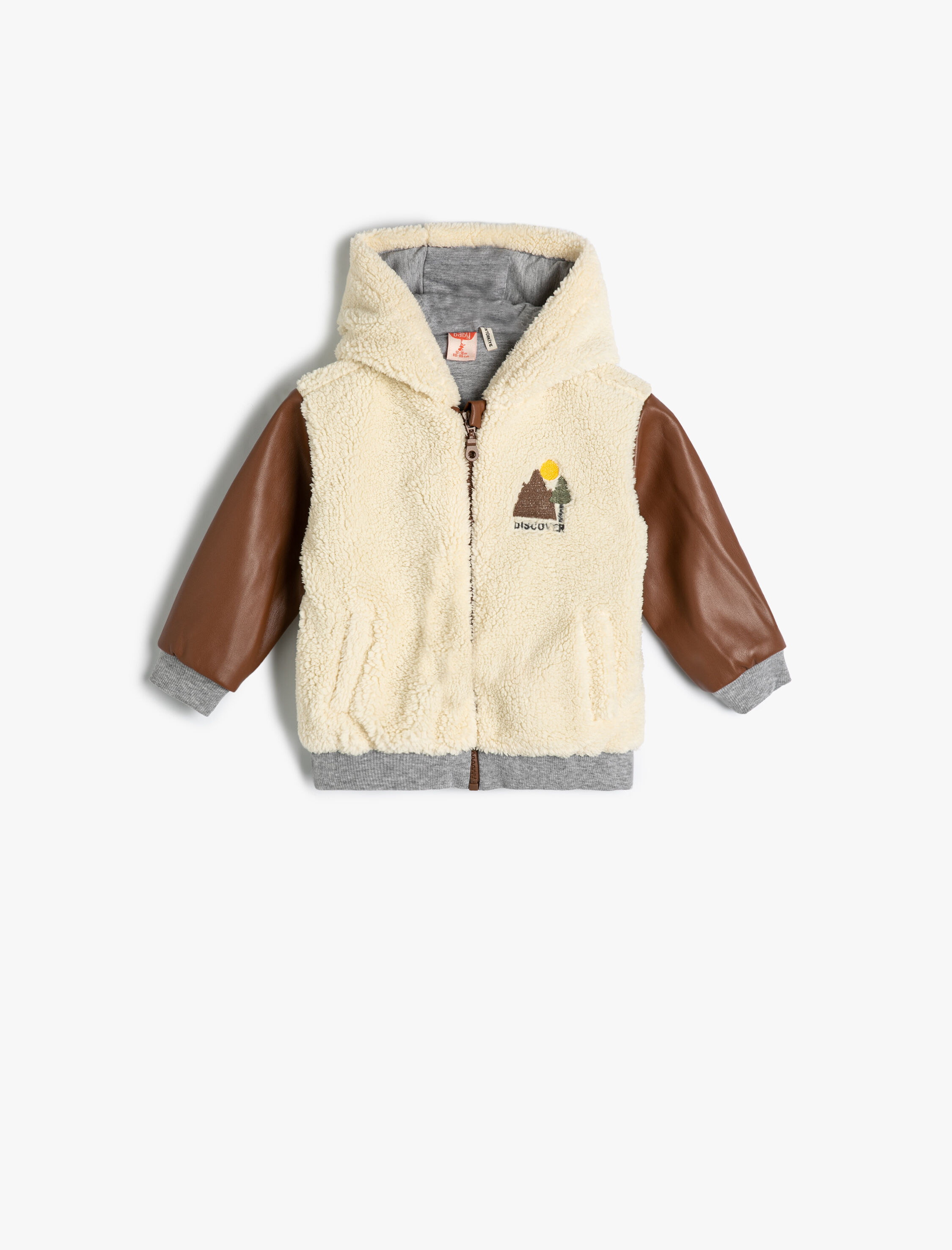  Erkek Bebek Kapşonlu Peluş Ceket İşlemeli Suni Deri Detaylı