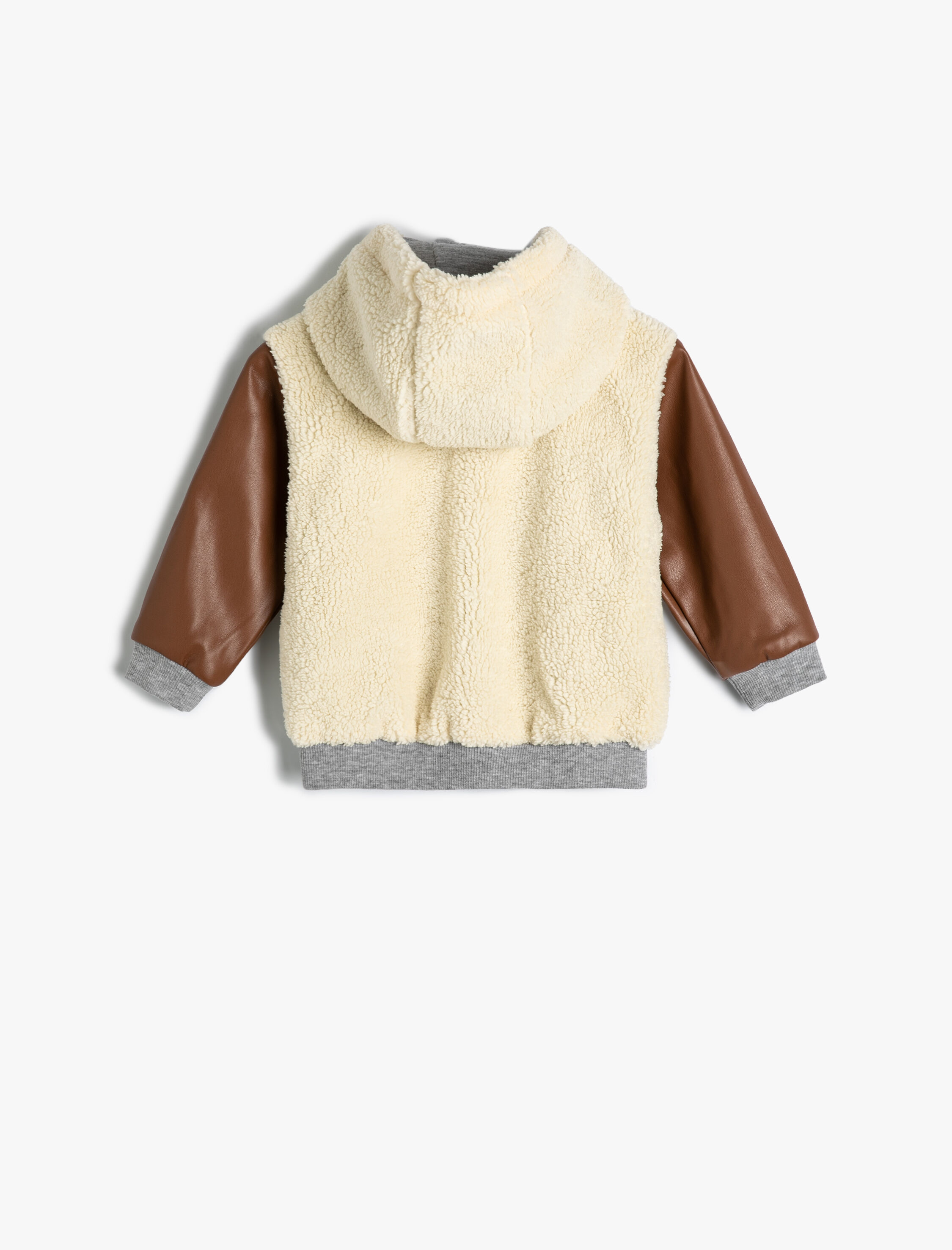  Erkek Bebek Kapşonlu Peluş Ceket İşlemeli Suni Deri Detaylı