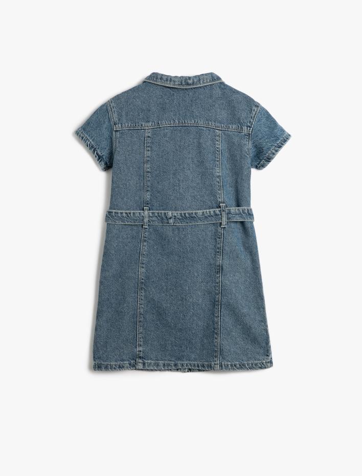 Kız Çocuk Kot Elbise Kısa Kollu Cep Detaylı Kemerli Düğme Kapamalı Pamuklu