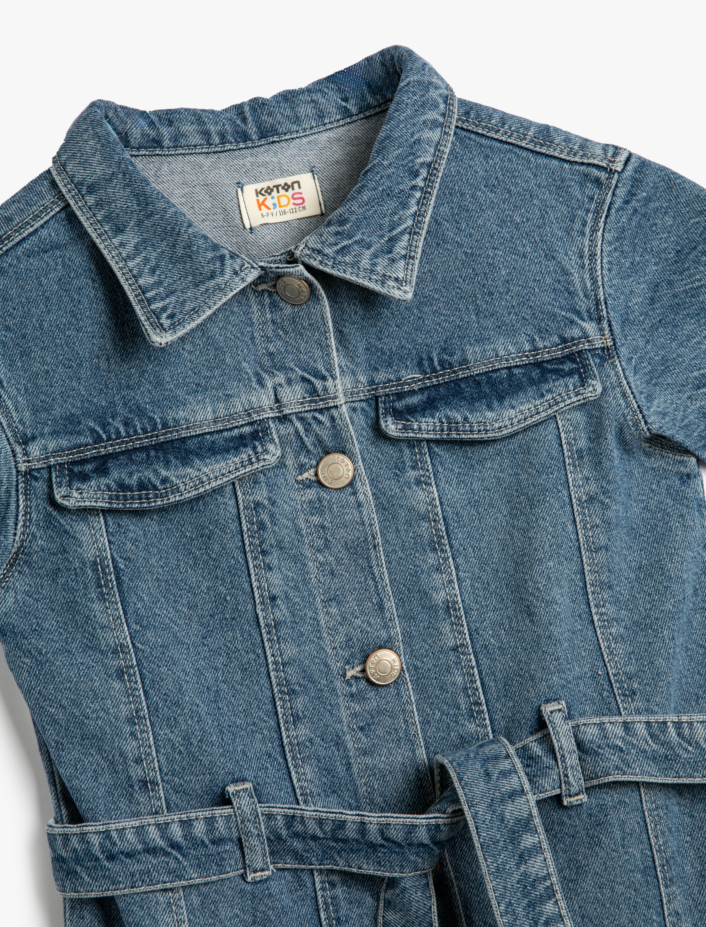  Kız Çocuk Kot Elbise Kısa Kollu Cep Detaylı Kemerli Düğme Kapamalı Pamuklu