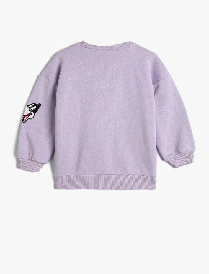 Kız Çocuk Looney Tunes Aplike Detaylı Sweat Lisanslı Uzun Kollu Bisiklet Yaka Şardonlu Pamuklu