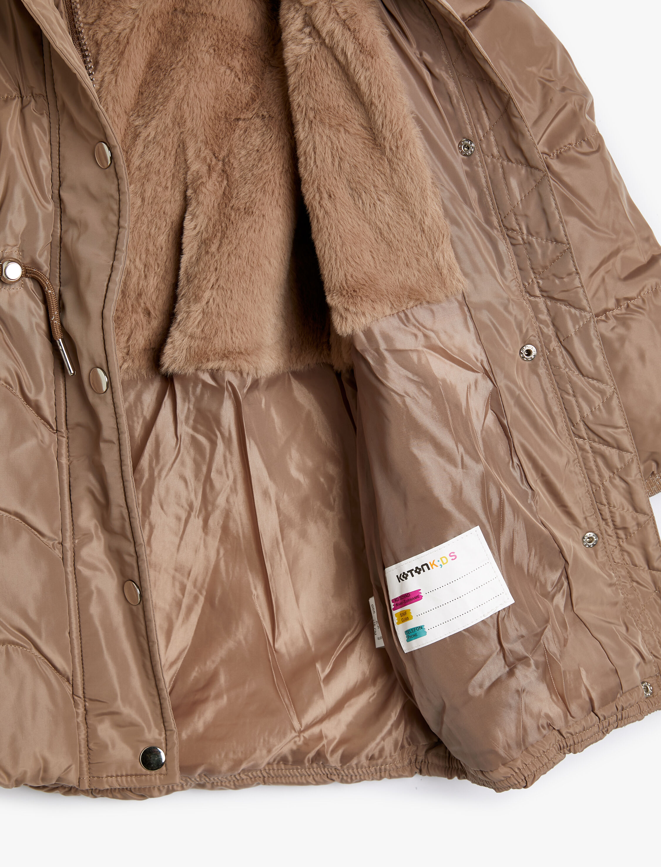  Kız Çocuk Uzun Şişme Mont Peluş Detaylı Cepli Fermuarlı