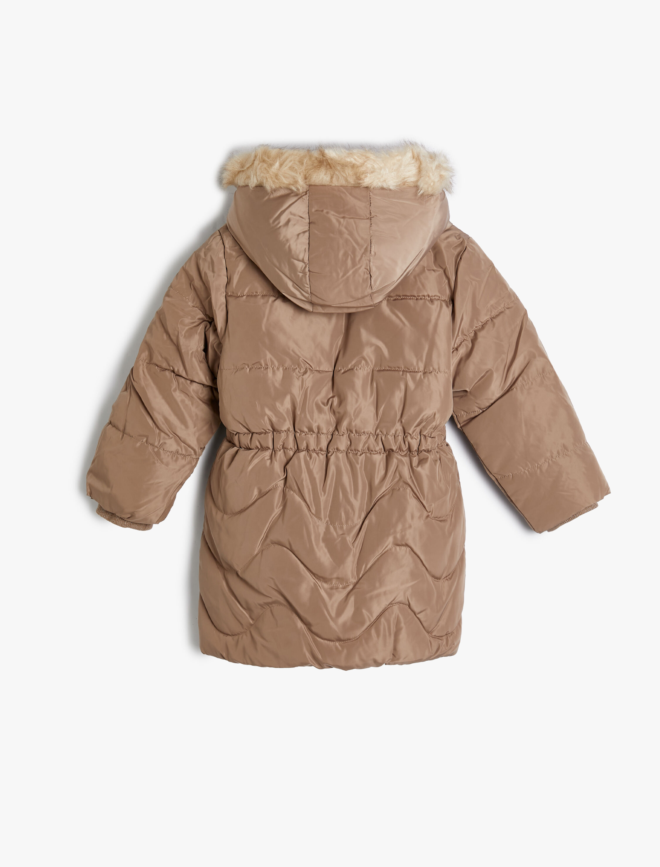  Kız Çocuk Uzun Şişme Mont Peluş Detaylı Cepli Fermuarlı