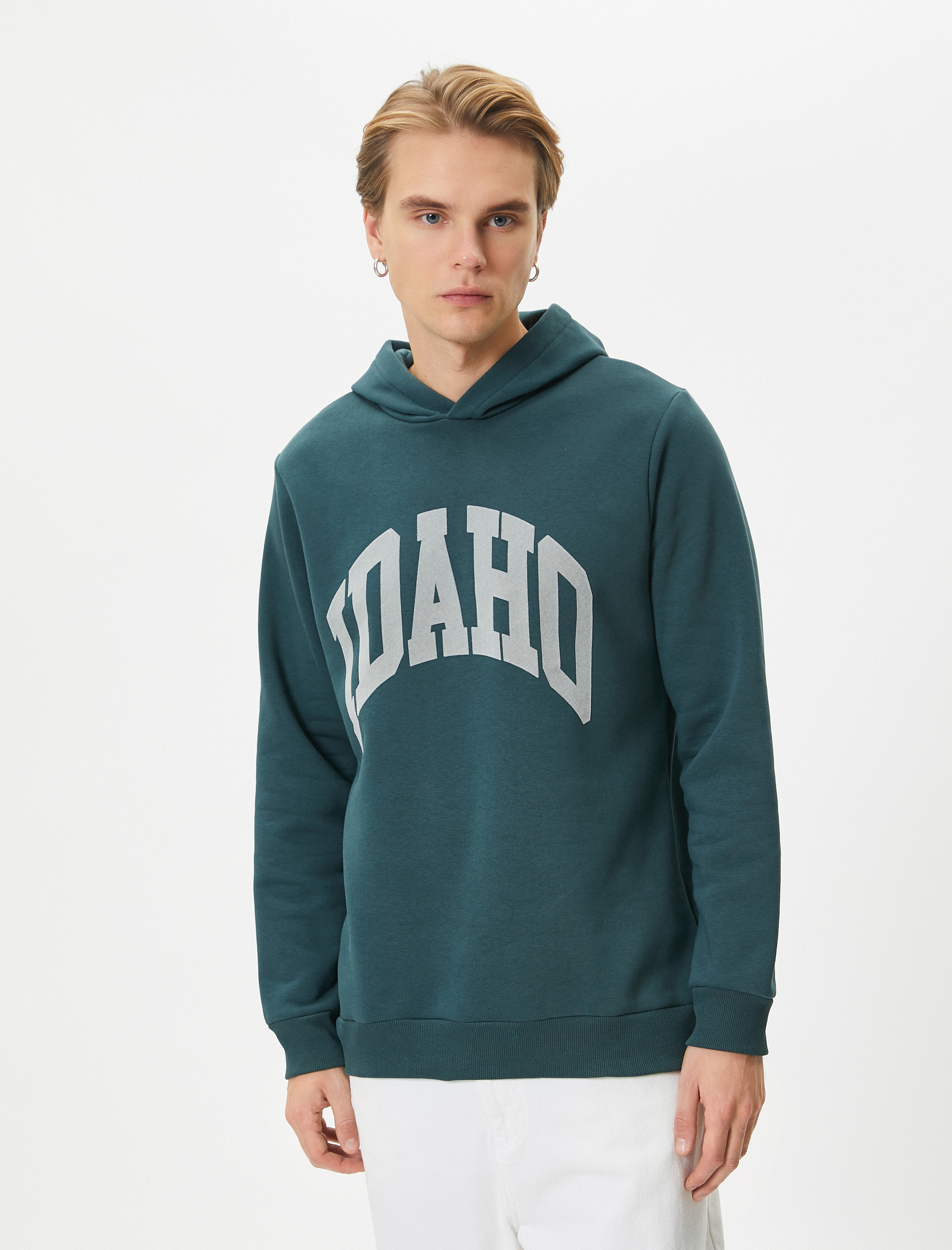   Kapşonlu Sweatshirt Slogan Baskılı Uzun Kollu Ribanalı Şardonlu