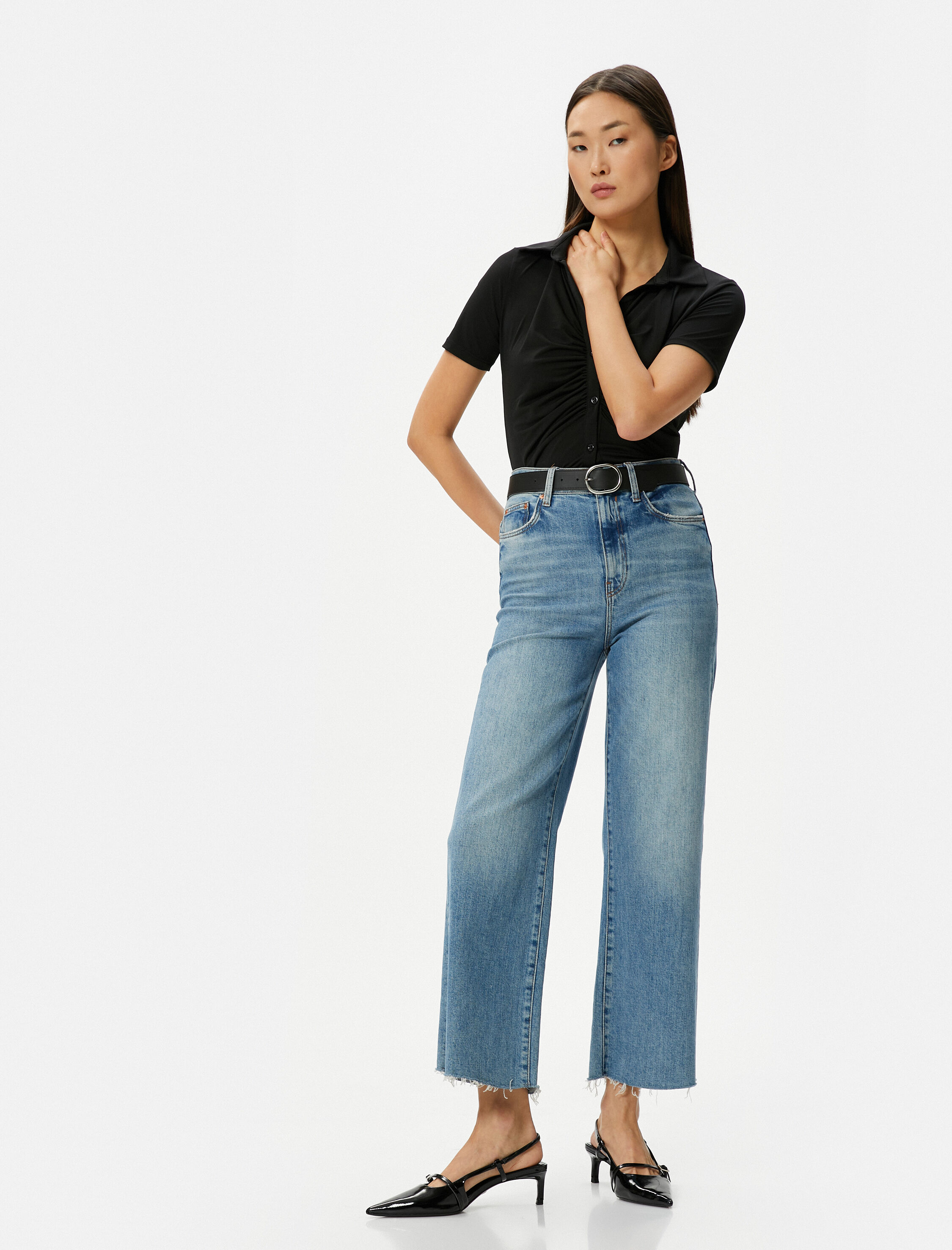   Kısa Kollu Gömlek Drapeli Düğmeli