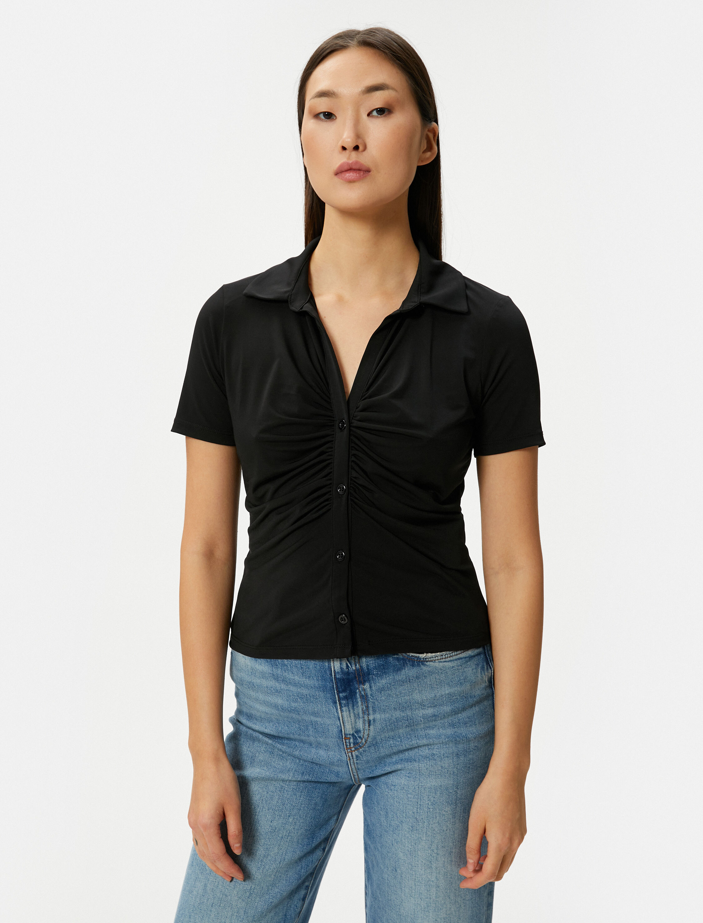   Kısa Kollu Gömlek Drapeli Düğmeli