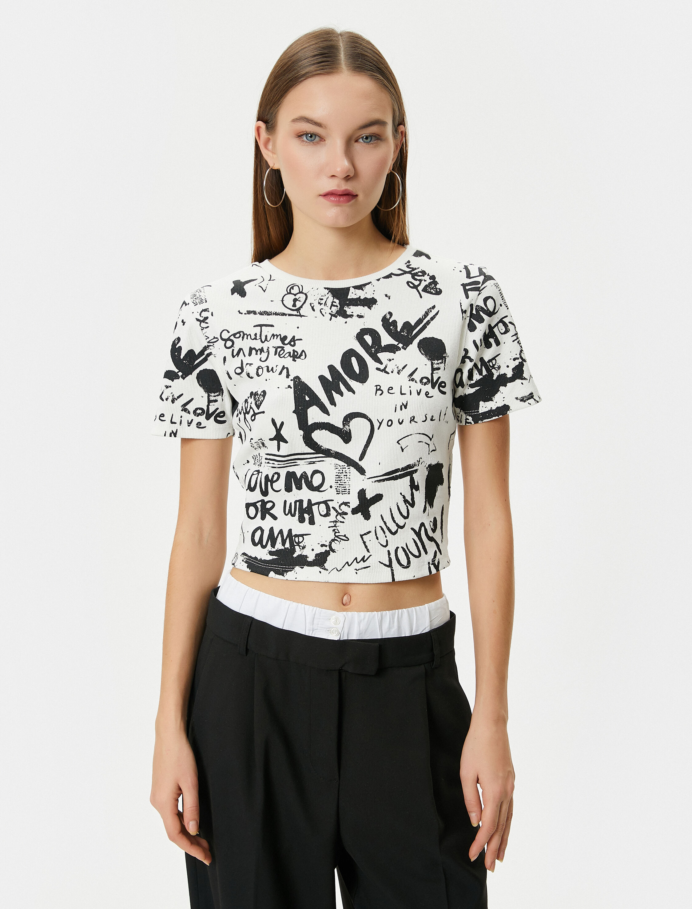   Crop Tişört Baskılı Ribanalı Kısa Kollu Bisiklet Yaka Pamuklu