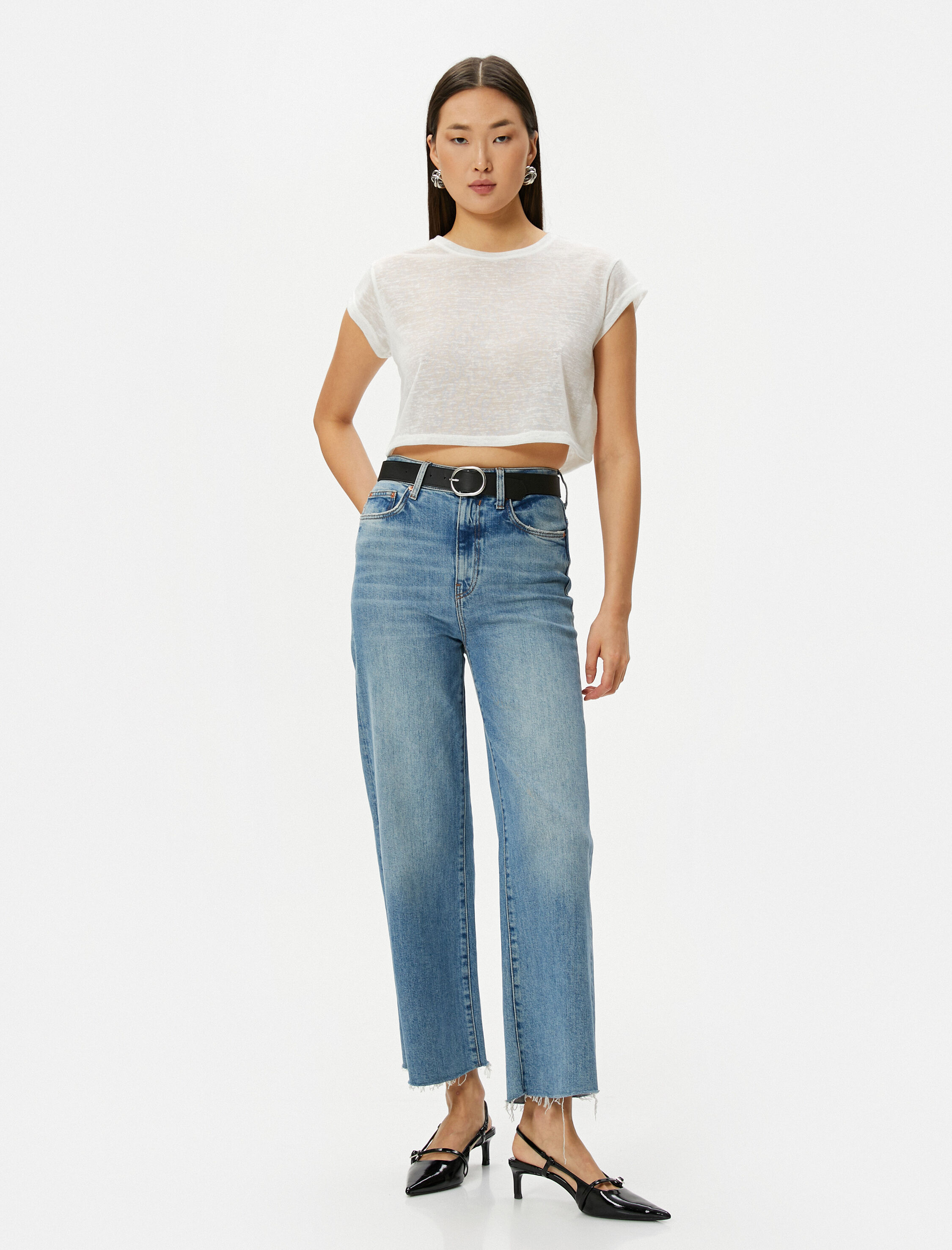   Kısa Kollu Slim Fit Bisiklet Yaka Yarı Transparan Crop Tişört