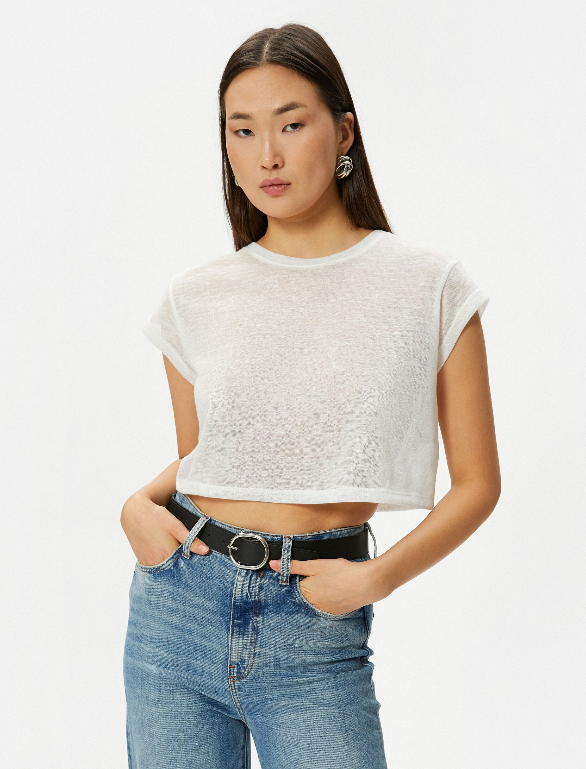   Kısa Kollu Slim Fit Bisiklet Yaka Yarı Transparan Crop Tişört