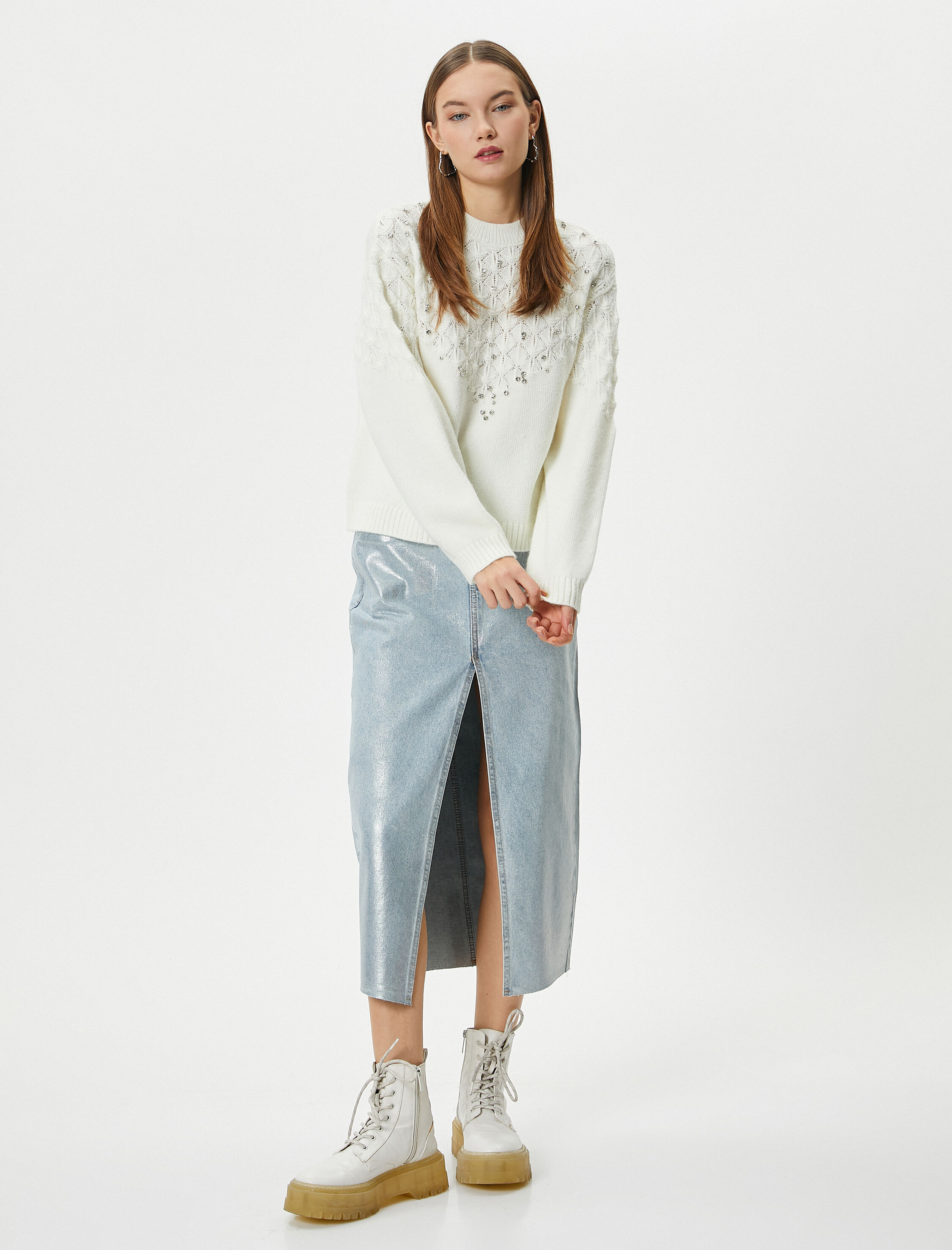 Taşlı Triko Kazak Yumuşak Dokulu Bisiklet Yaka Uzun Kollu