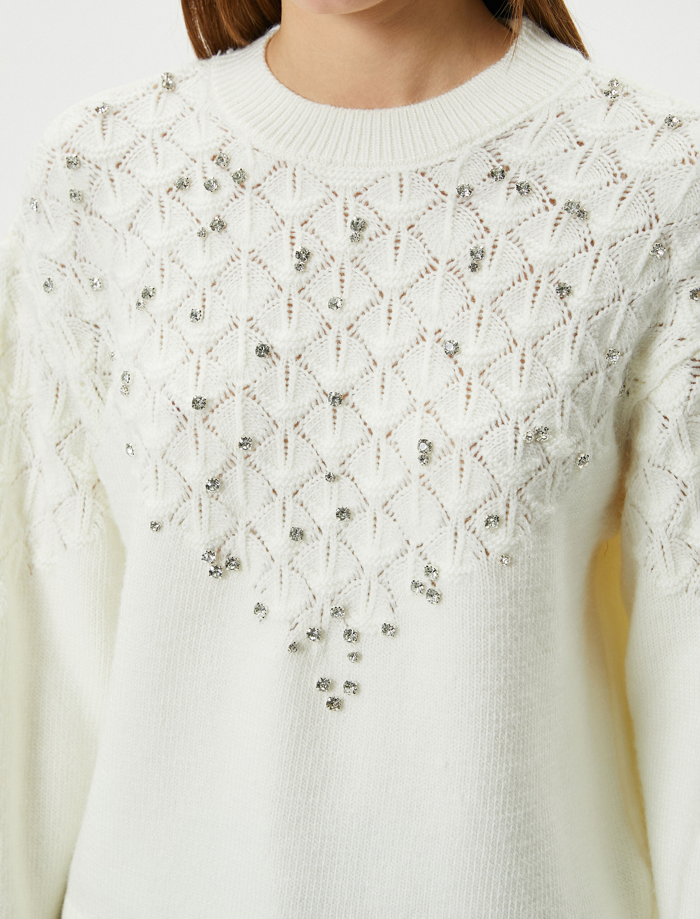 Taşlı Triko Kazak Yumuşak Dokulu Bisiklet Yaka Uzun Kollu