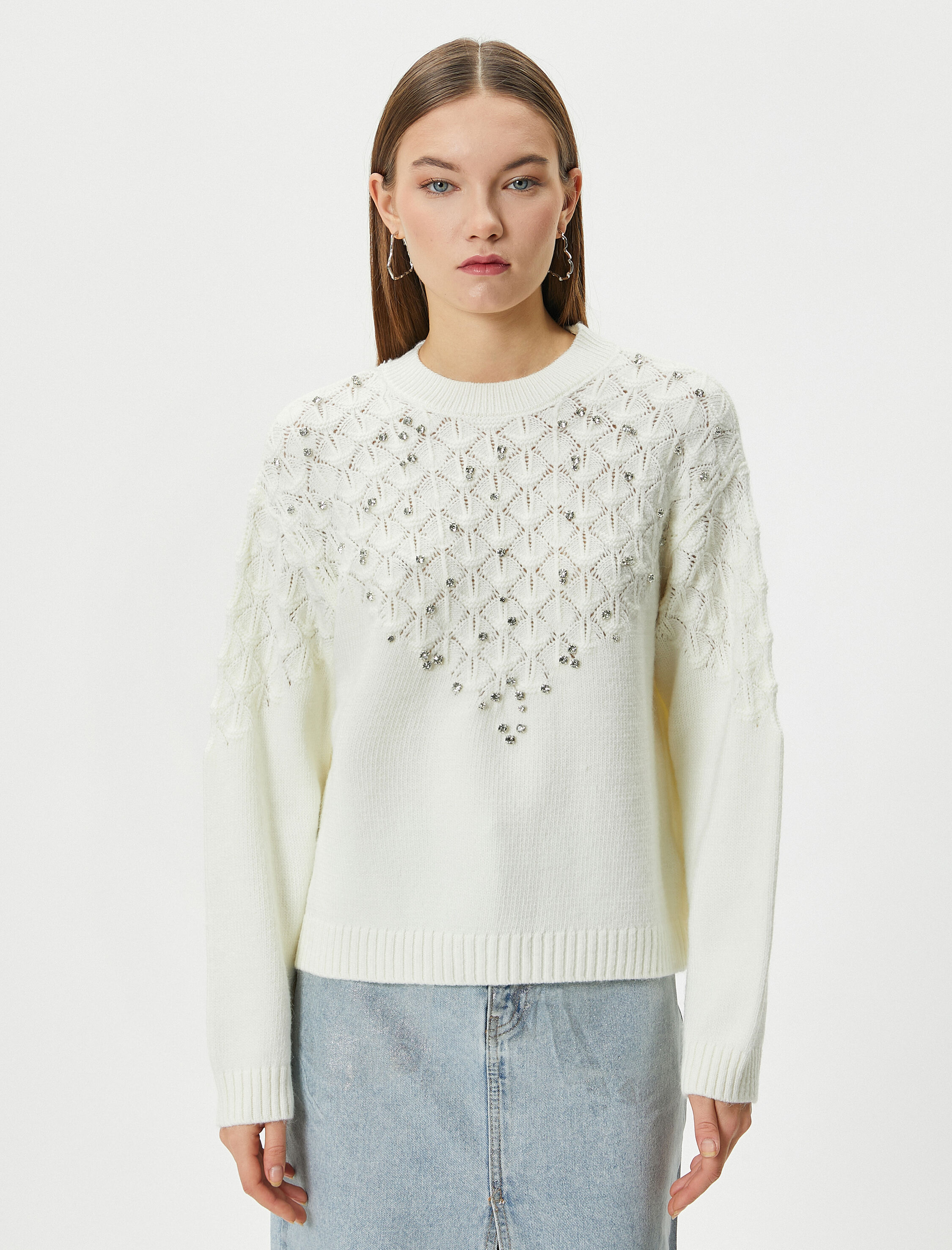 Taşlı Triko Kazak Yumuşak Dokulu Bisiklet Yaka Uzun Kollu