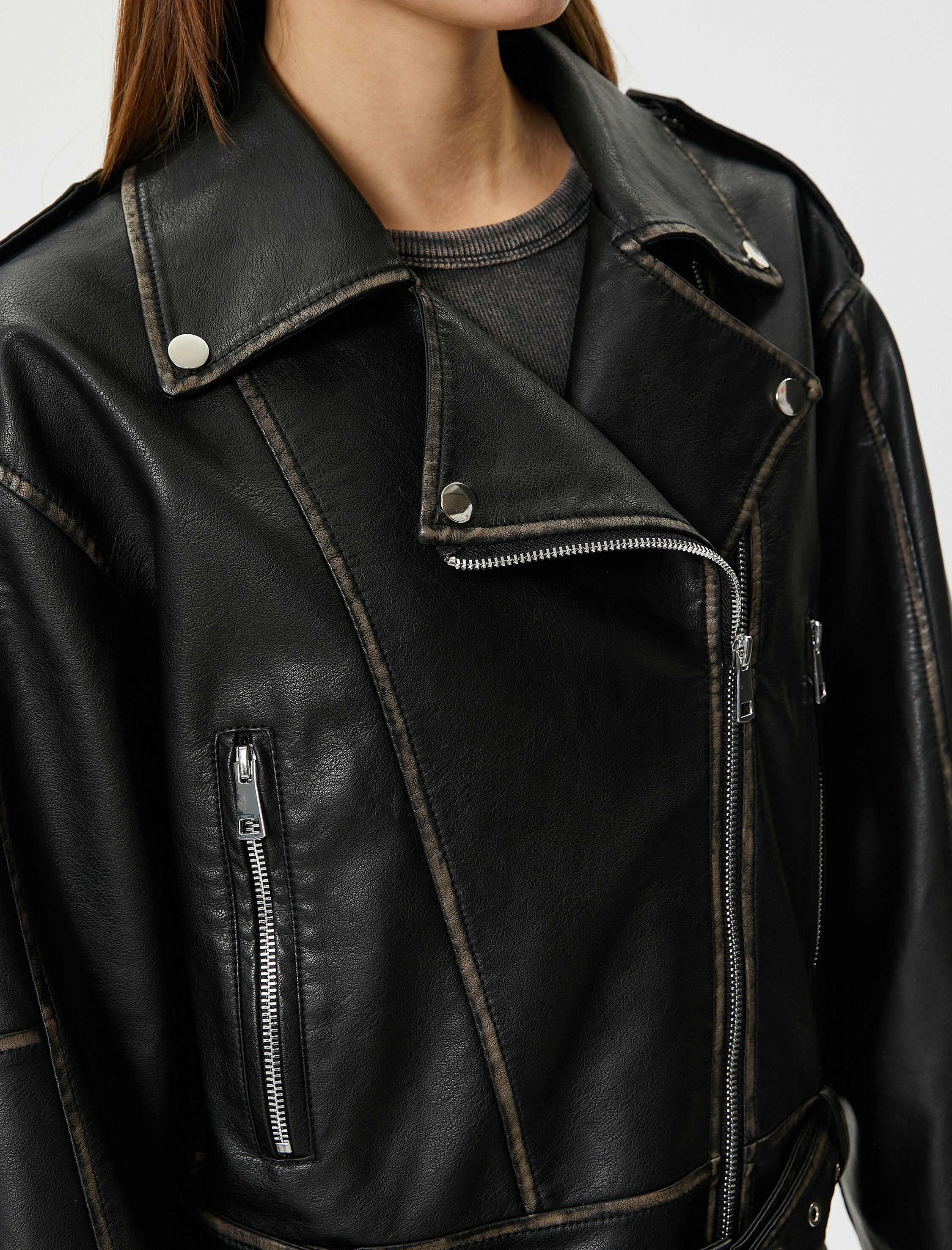   Biker Suni Deri Ceket Eskitilmiş Fermuarlı Cepli