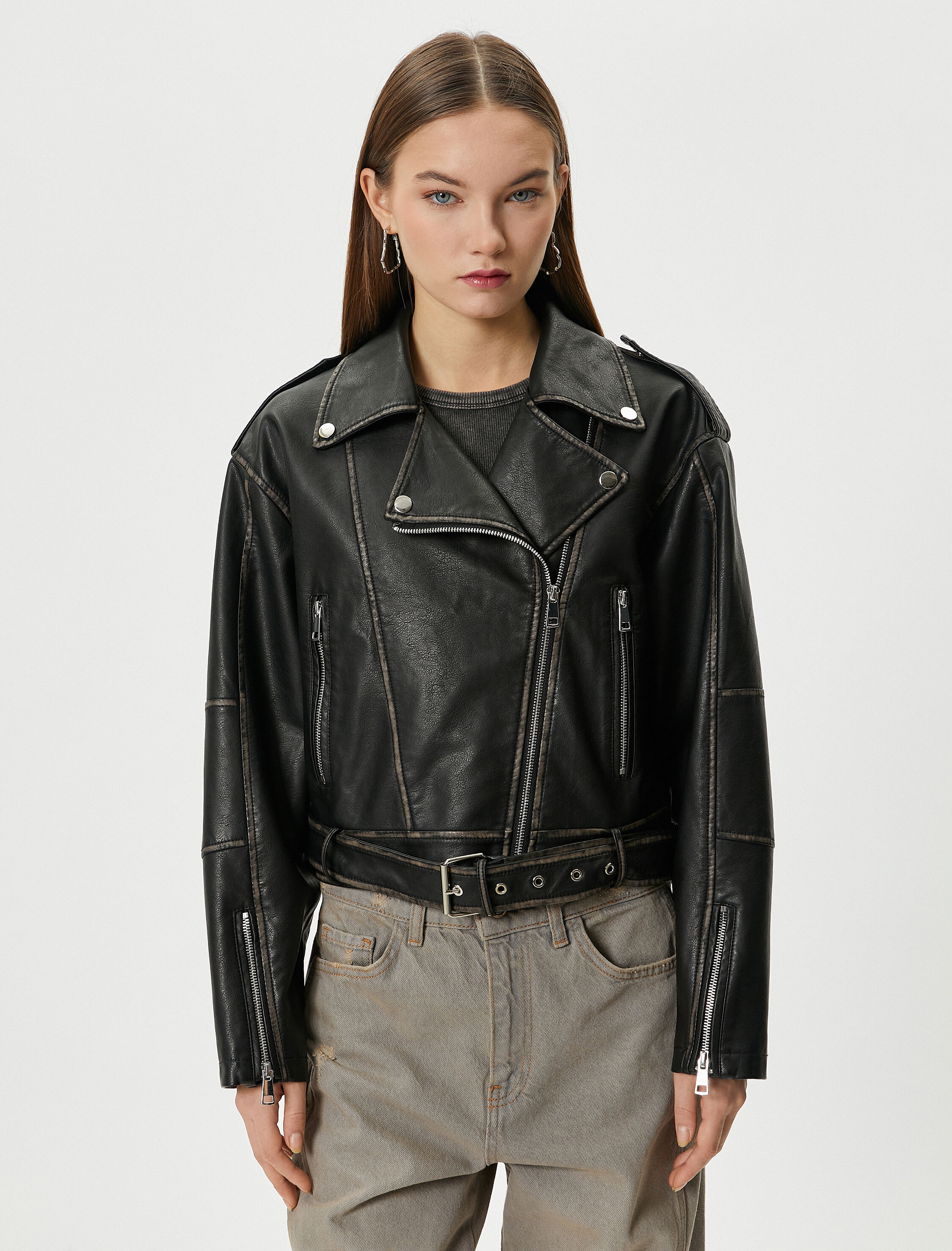   Biker Suni Deri Ceket Eskitilmiş Fermuarlı Cepli