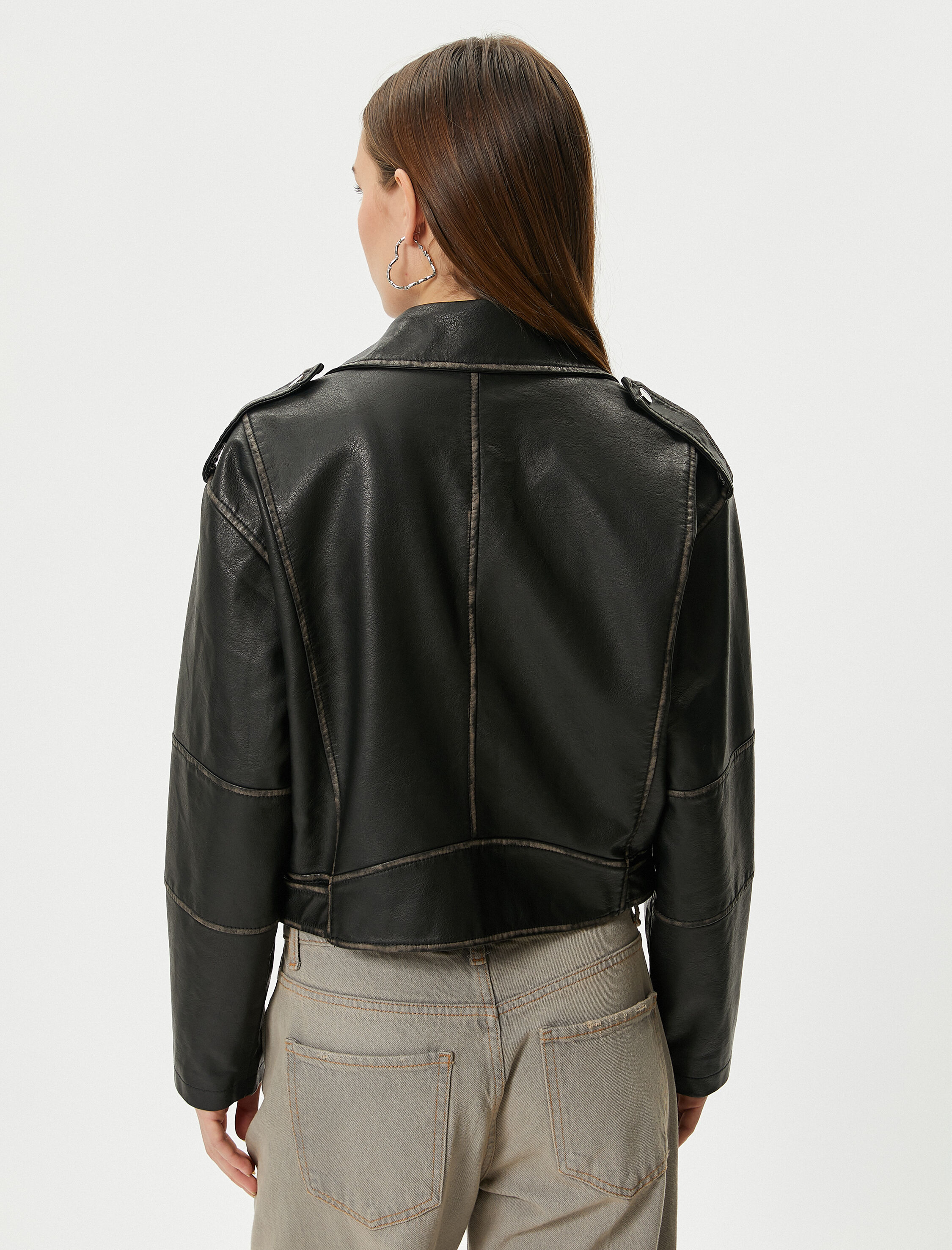   Biker Suni Deri Ceket Eskitilmiş Fermuarlı Cepli