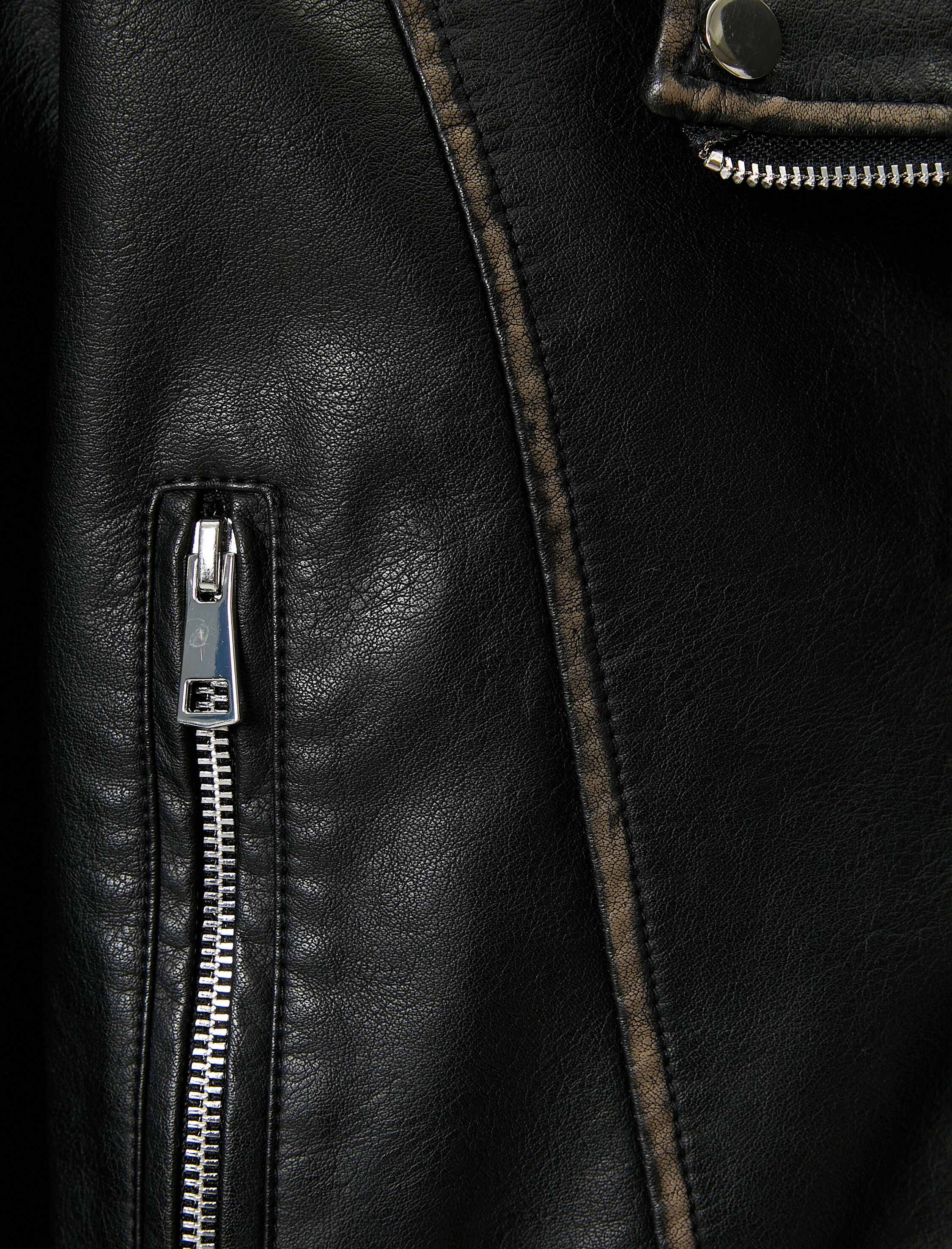   Biker Suni Deri Ceket Eskitilmiş Fermuarlı Cepli