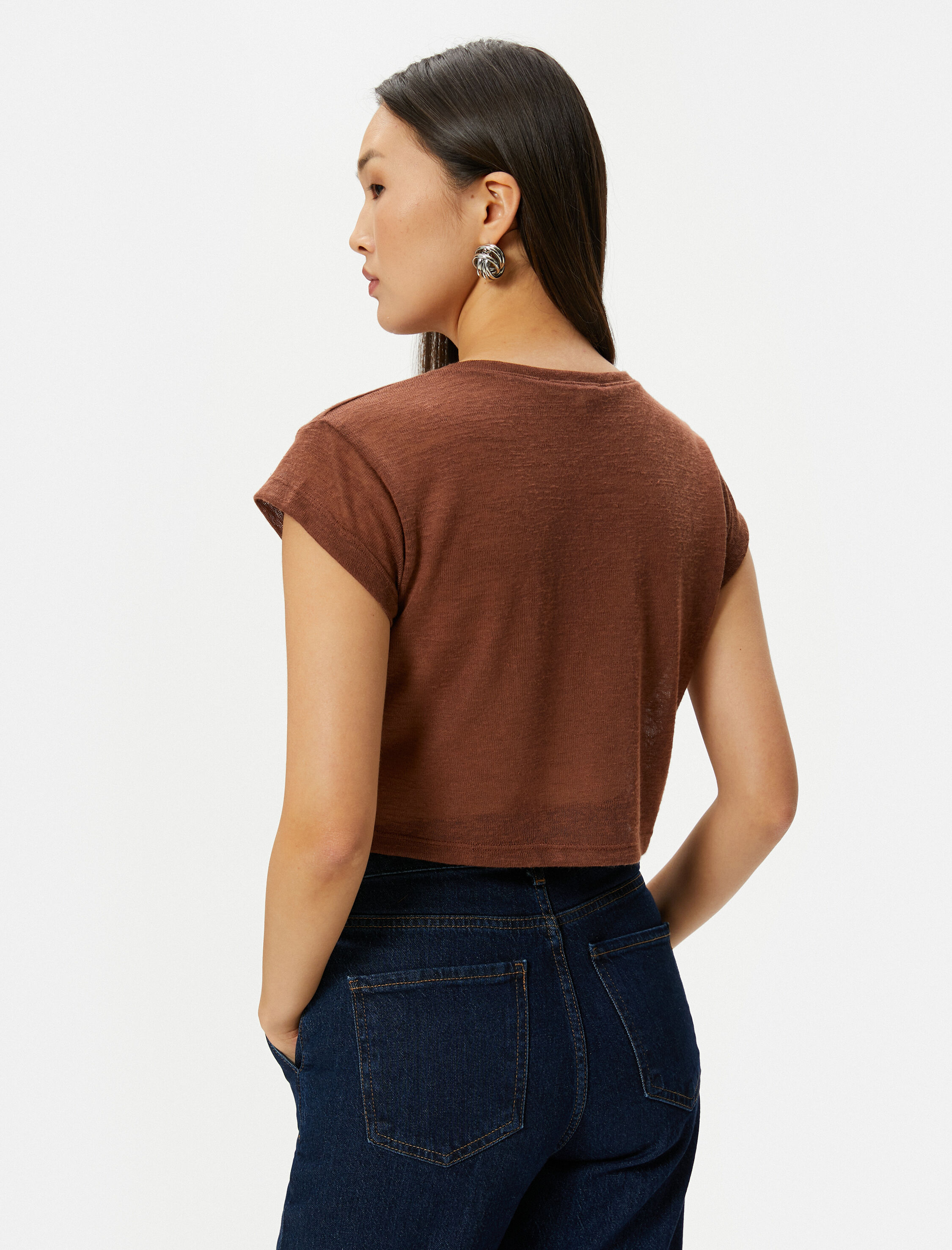   Kısa Kollu Slim Fit Bisiklet Yaka Yarı Transparan Crop Tişört