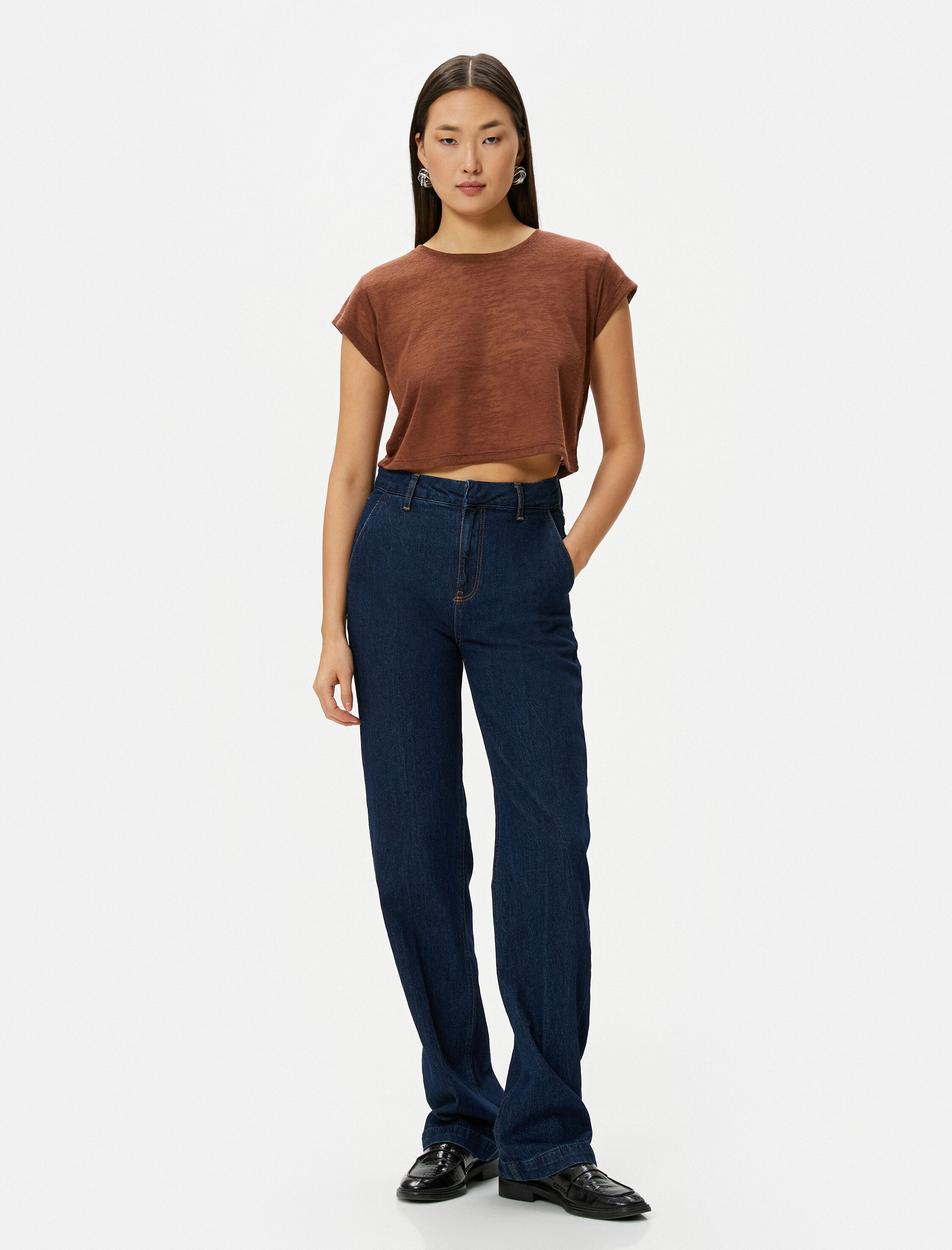   Kısa Kollu Slim Fit Bisiklet Yaka Yarı Transparan Crop Tişört