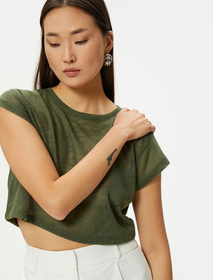  Kısa Kollu Slim Fit Bisiklet Yaka Yarı Transparan Crop Tişört