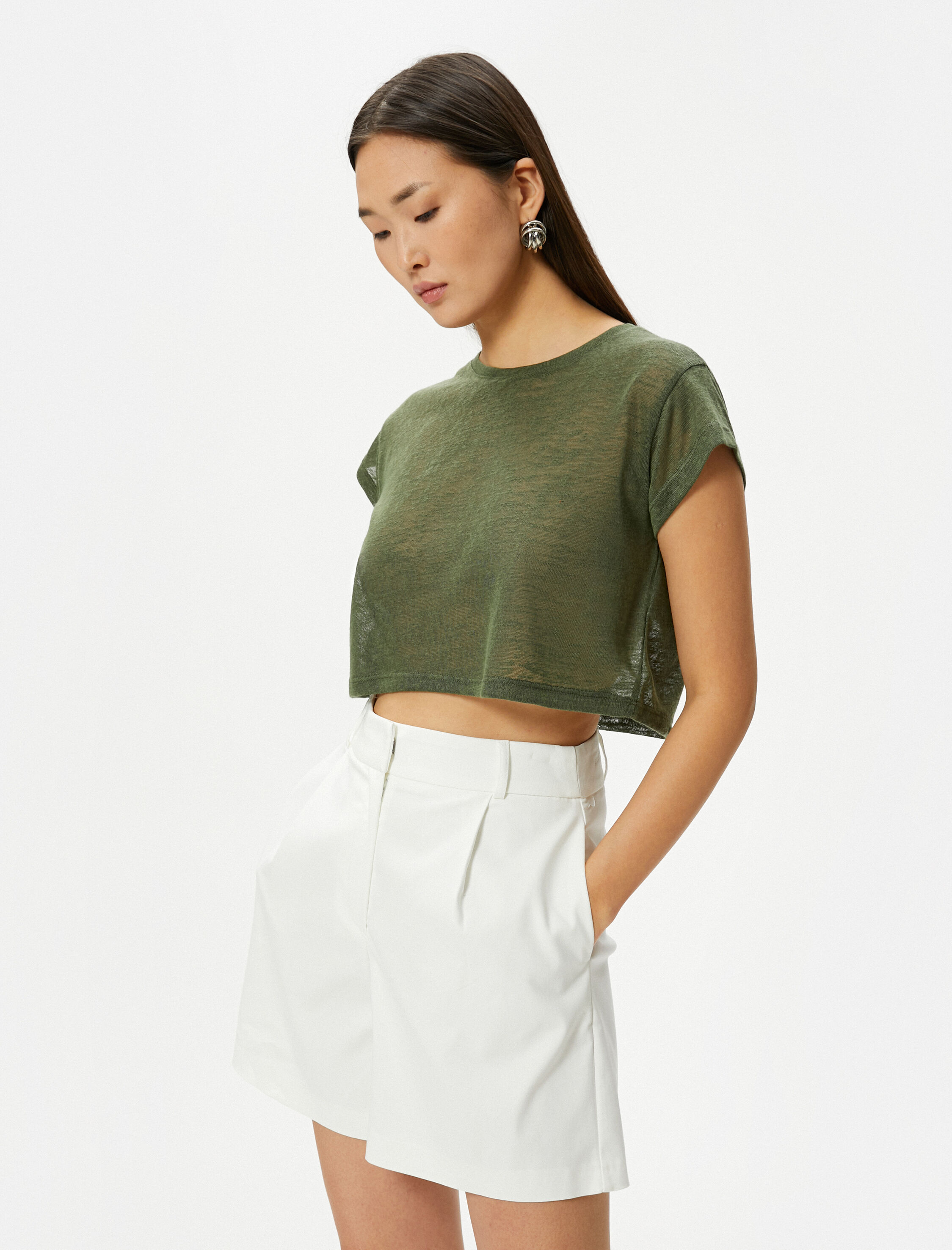   Kısa Kollu Slim Fit Bisiklet Yaka Yarı Transparan Crop Tişört