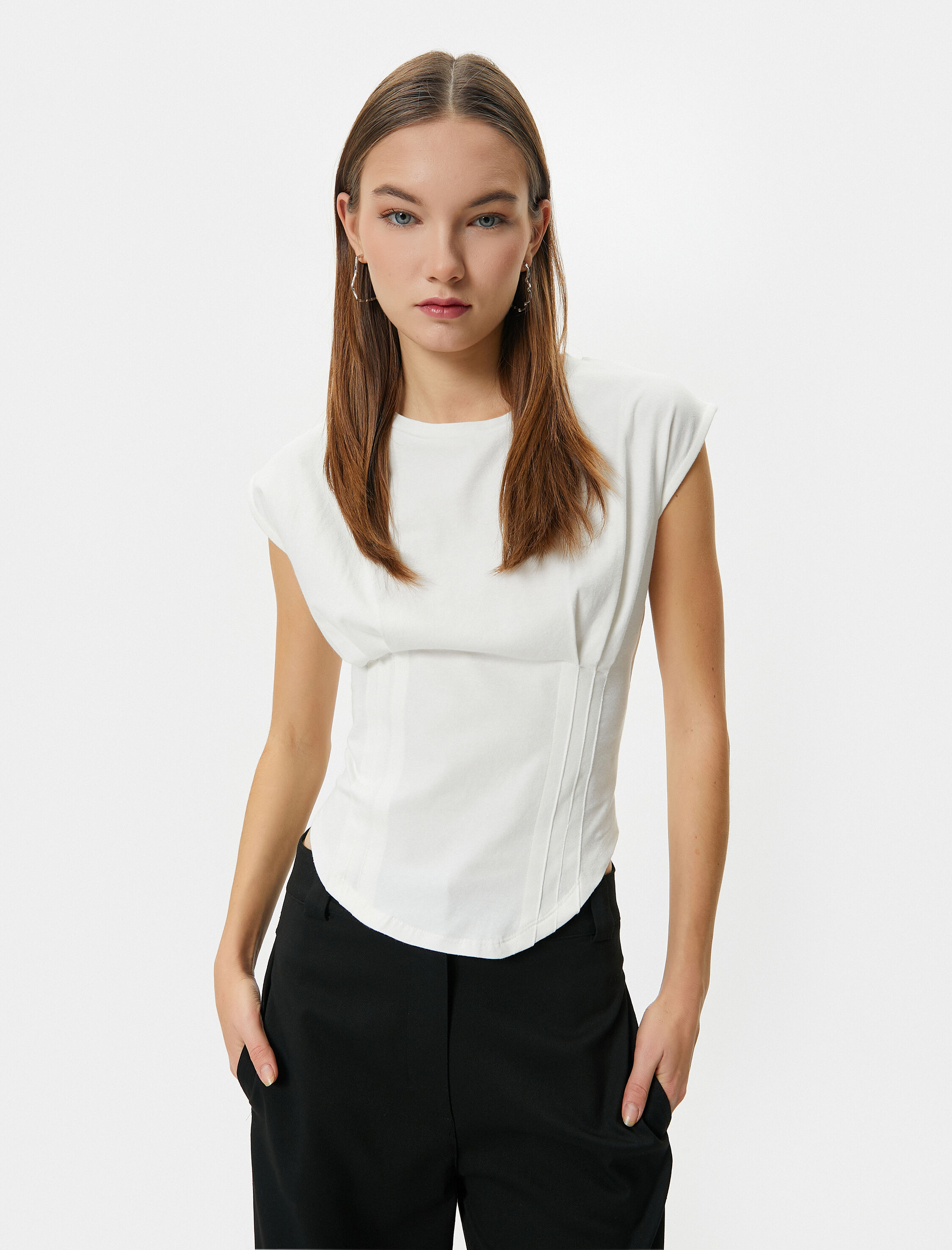   Kolsuz Tişört Korse Detaylı Bisiklet Yaka Pamuklu