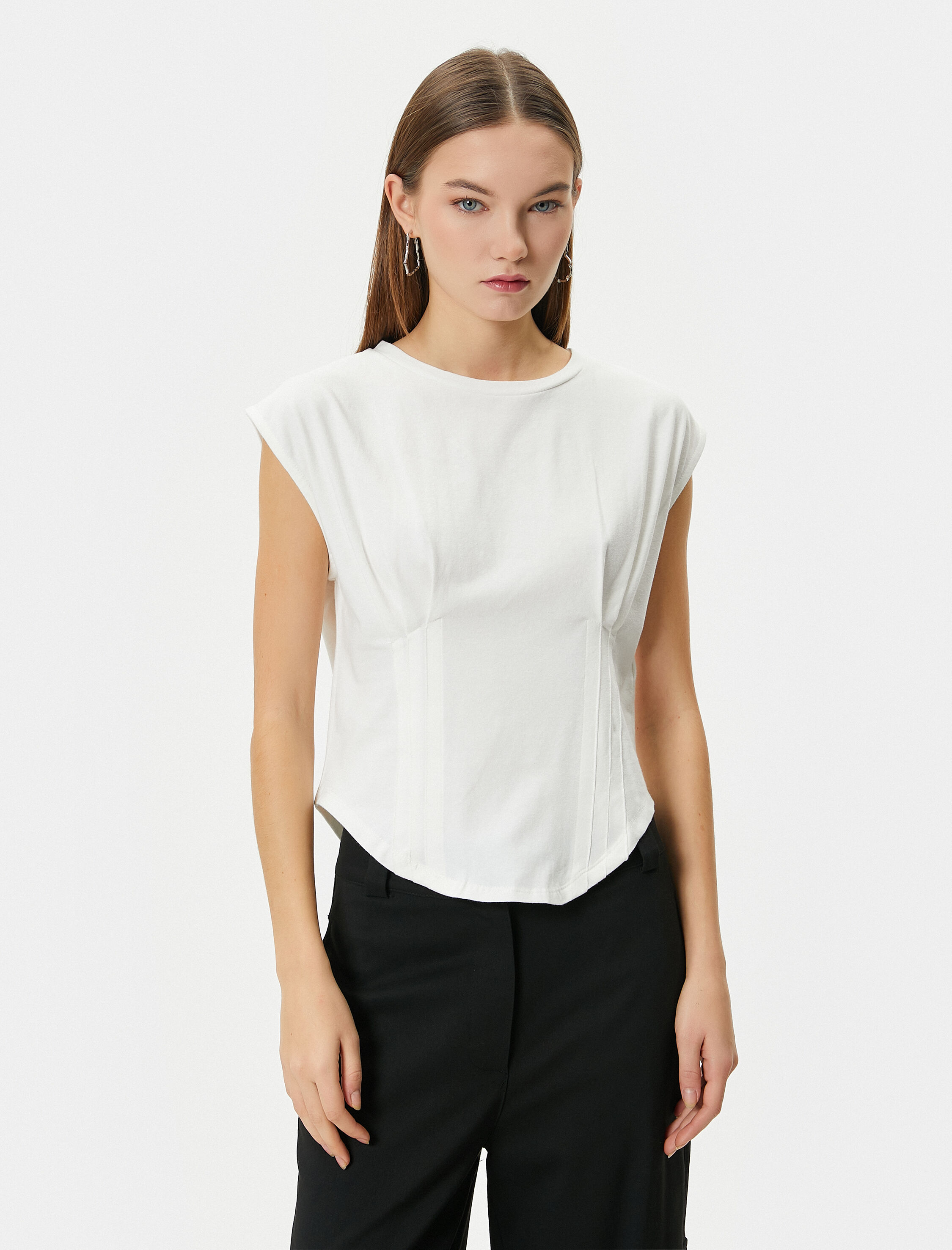   Kolsuz Tişört Korse Detaylı Bisiklet Yaka Pamuklu