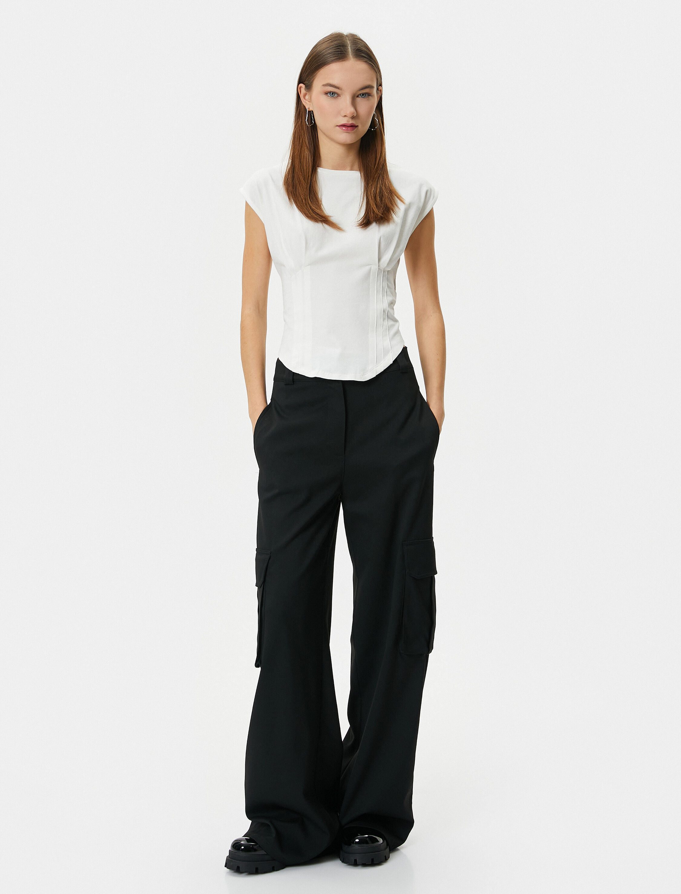   Kolsuz Tişört Korse Detaylı Bisiklet Yaka Pamuklu