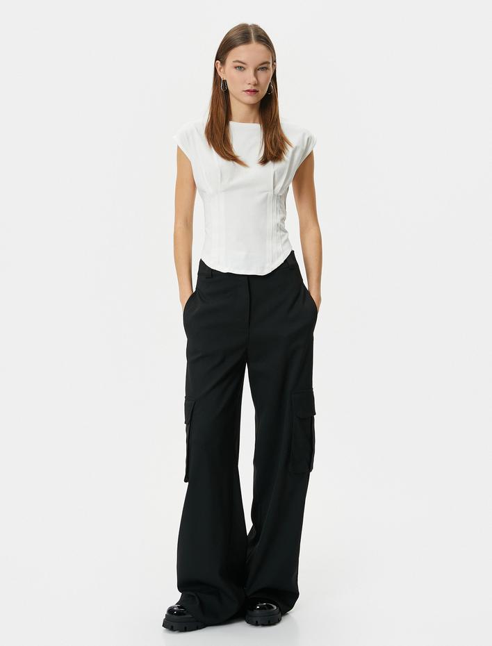  Kolsuz Tişört Korse Detaylı Bisiklet Yaka Pamuklu