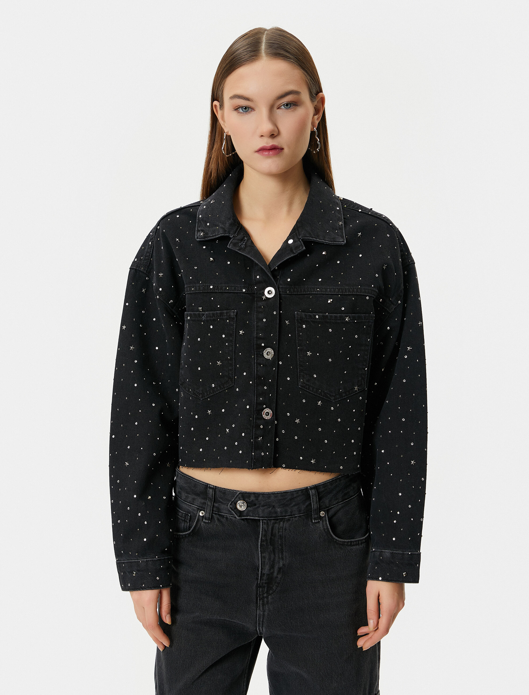   Taşlı Kot Ceket Yıldız Taş Detaylı Cepli Pamuklu Uzun Kollu Gömlek Yaka