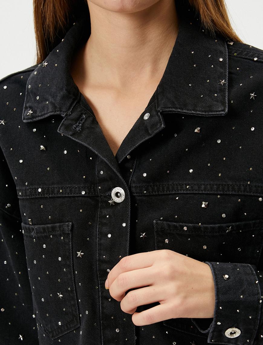   Taşlı Kot Ceket Yıldız Taş Detaylı Cepli Pamuklu Uzun Kollu Gömlek Yaka