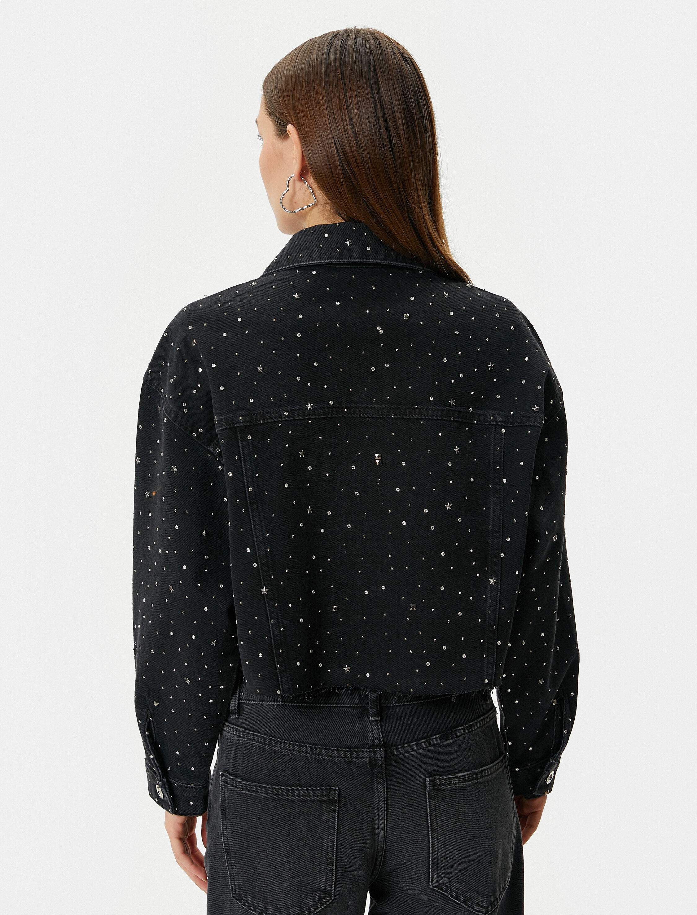   Taşlı Kot Ceket Yıldız Taş Detaylı Cepli Pamuklu Uzun Kollu Gömlek Yaka