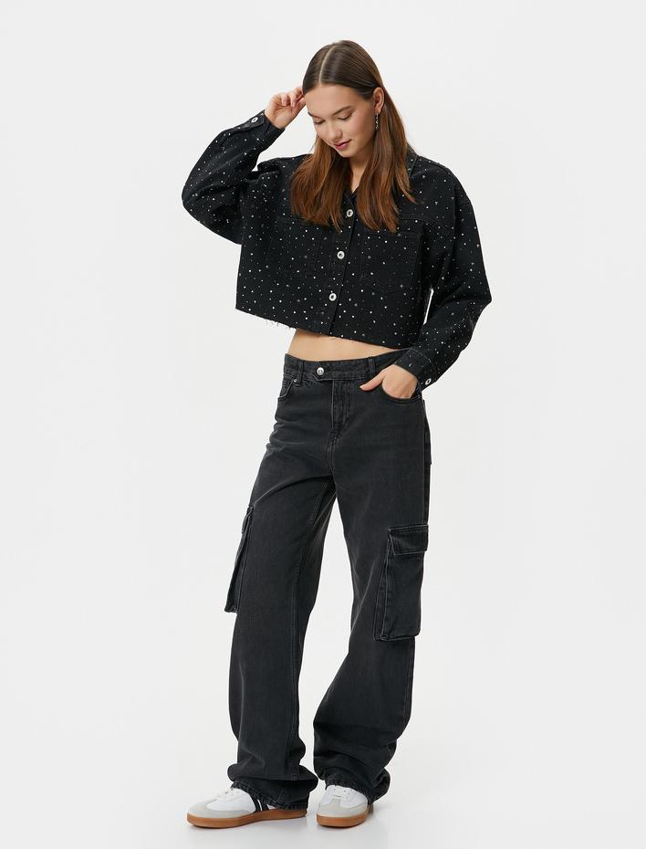  Taşlı Kot Ceket Yıldız Taş Detaylı Cepli Pamuklu Uzun Kollu Gömlek Yaka