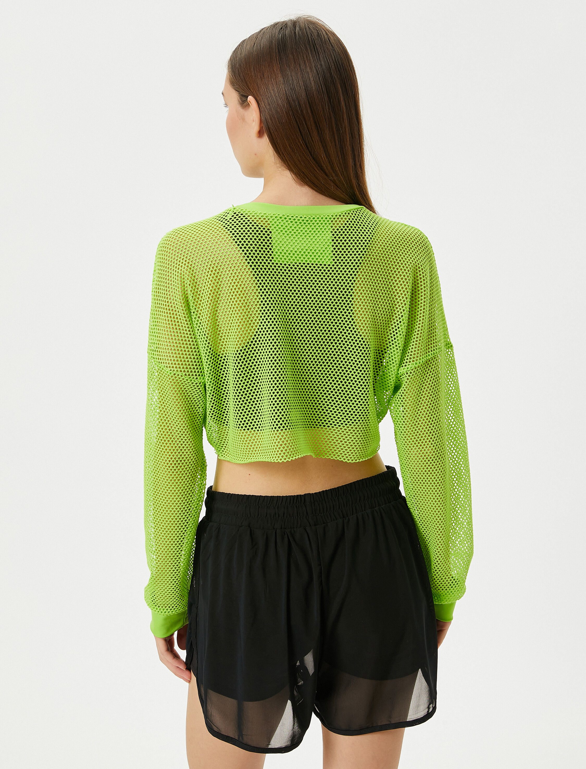   Crop Fileli Tişört Spor Uzun Kollu Bisiklet Yaka