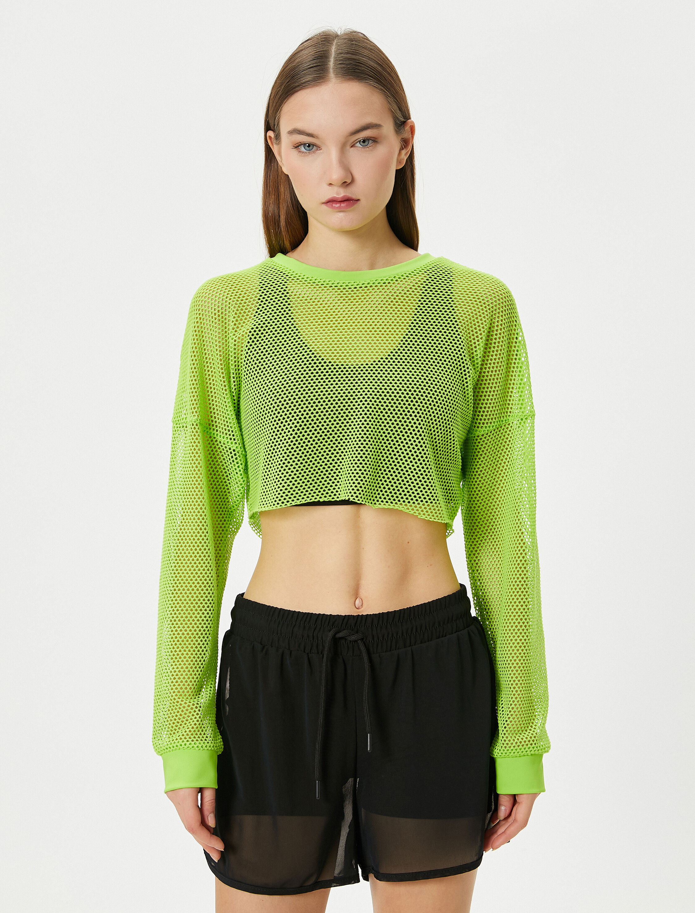   Crop Fileli Tişört Spor Uzun Kollu Bisiklet Yaka