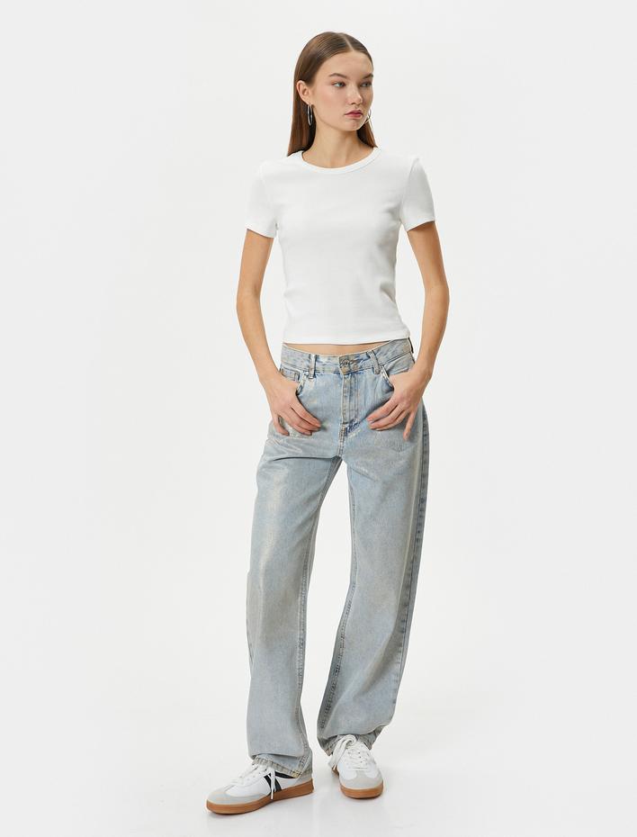  Basic Tişört Slim Fit Ribanalı Kısa Kollu Bisiklet Yaka Pamuklu