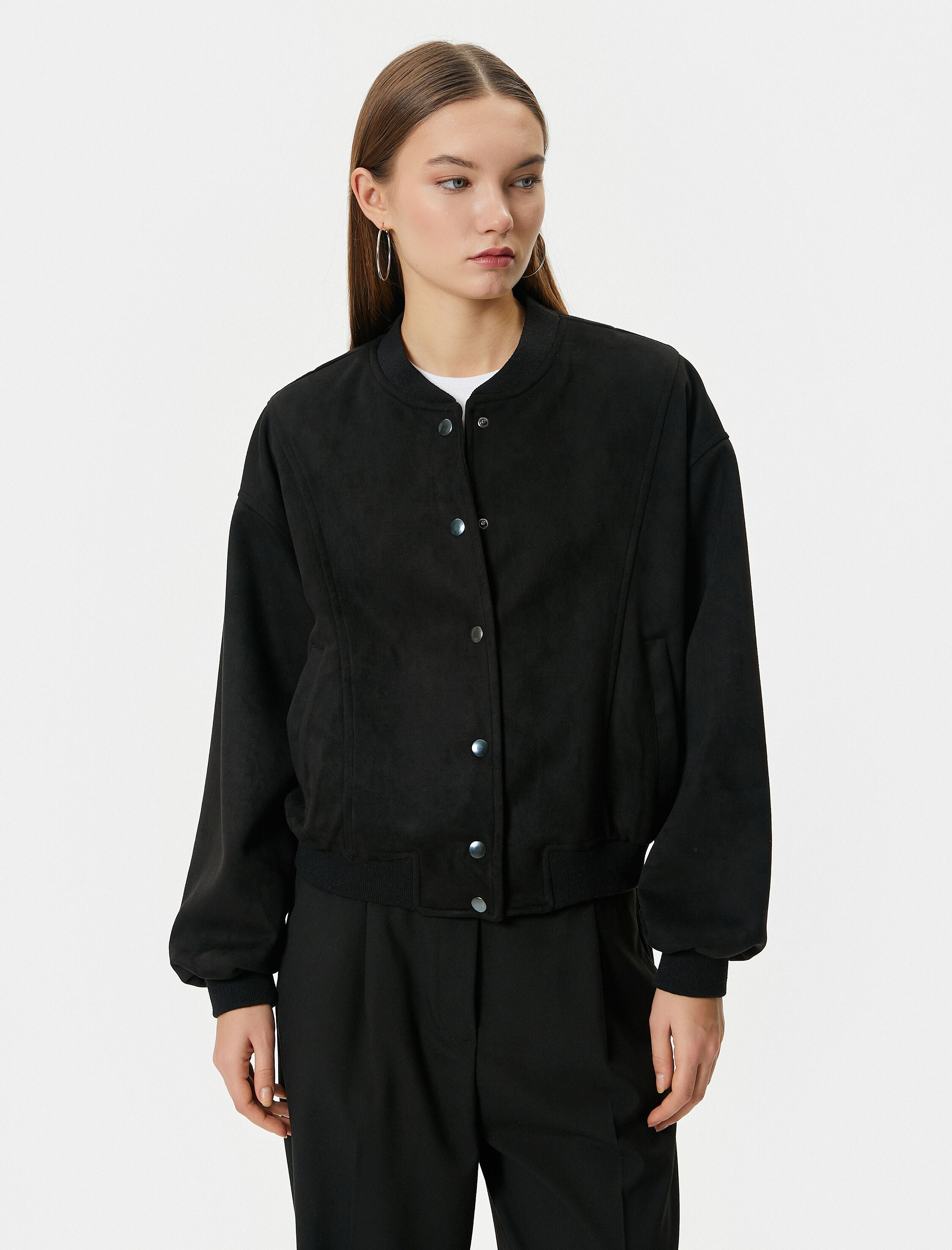   Bomber Ceket Süet Görünümlü Kolej Yaka Çıtçıt Kapamalı