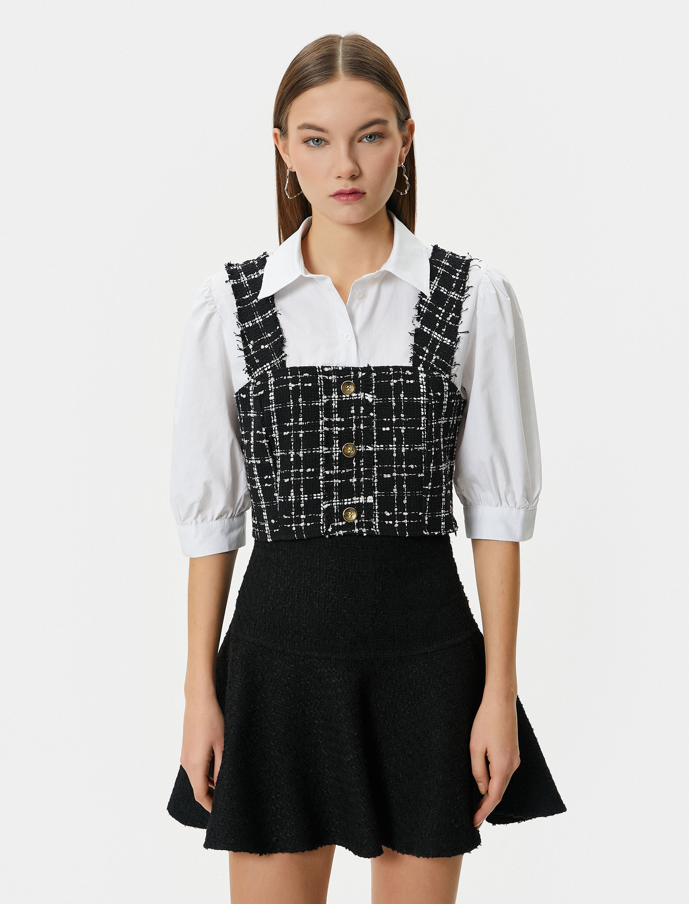   Crop Tüvit Gömlek Balon Kol Düğme Detaylı İki Farklı Kumaş Kullanımlı