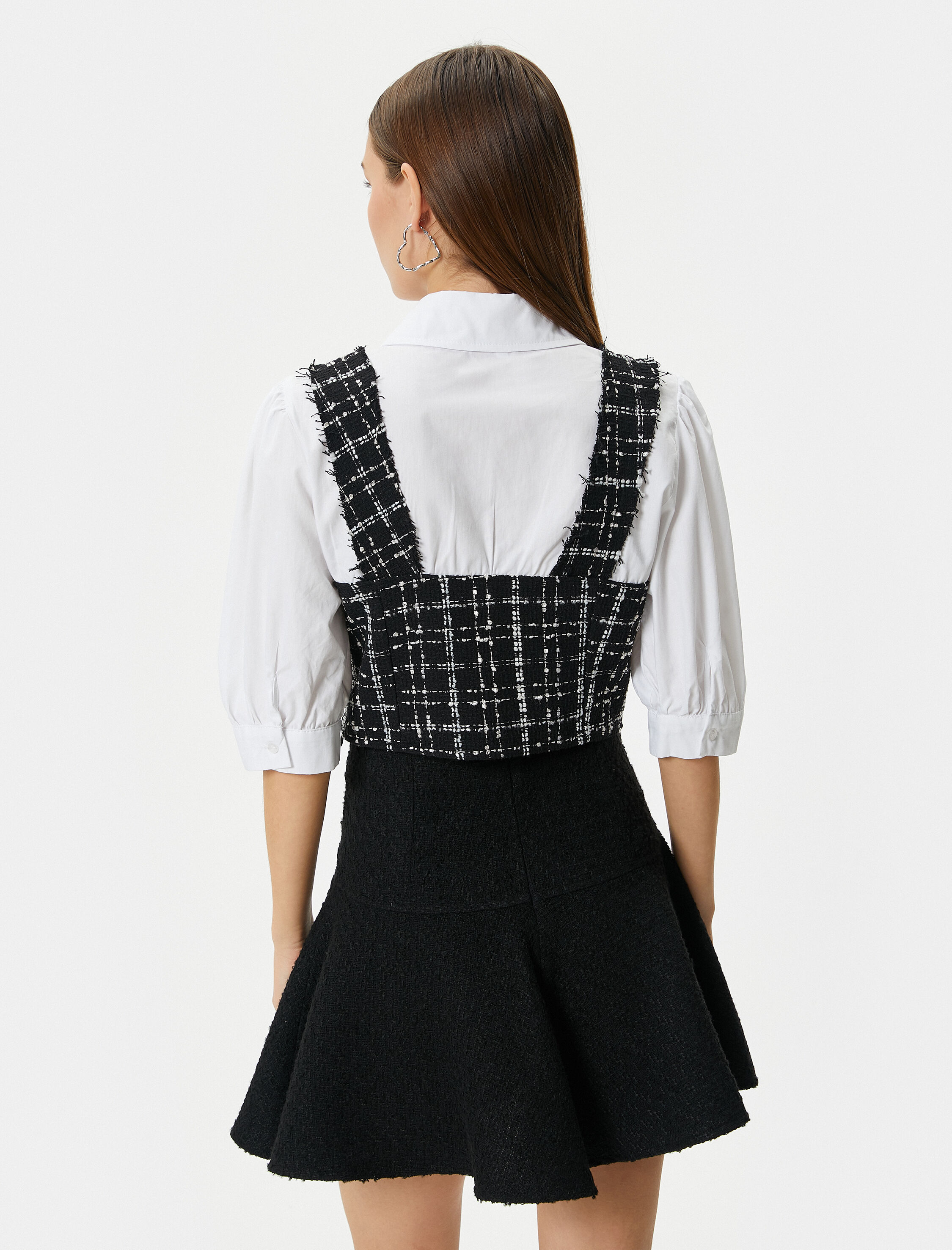   Crop Tüvit Gömlek Balon Kol Düğme Detaylı İki Farklı Kumaş Kullanımlı