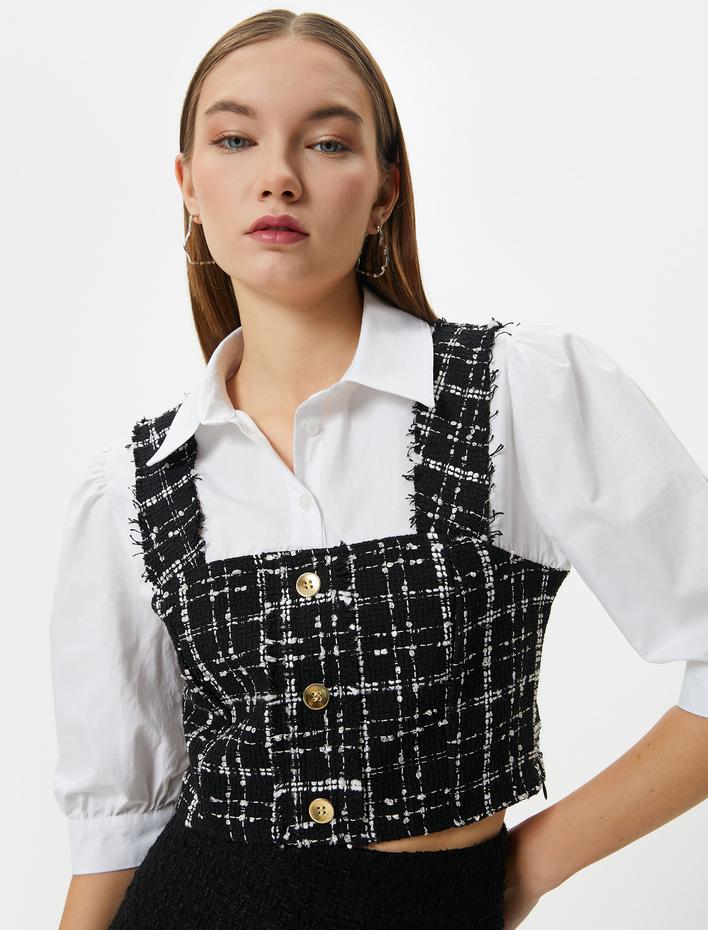  Crop Tüvit Gömlek Balon Kol Düğme Detaylı İki Farklı Kumaş Kullanımlı