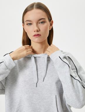 Kapşonlu Sweatshirt Spor Kanguru Cepli Biyeli Uzun Kollu