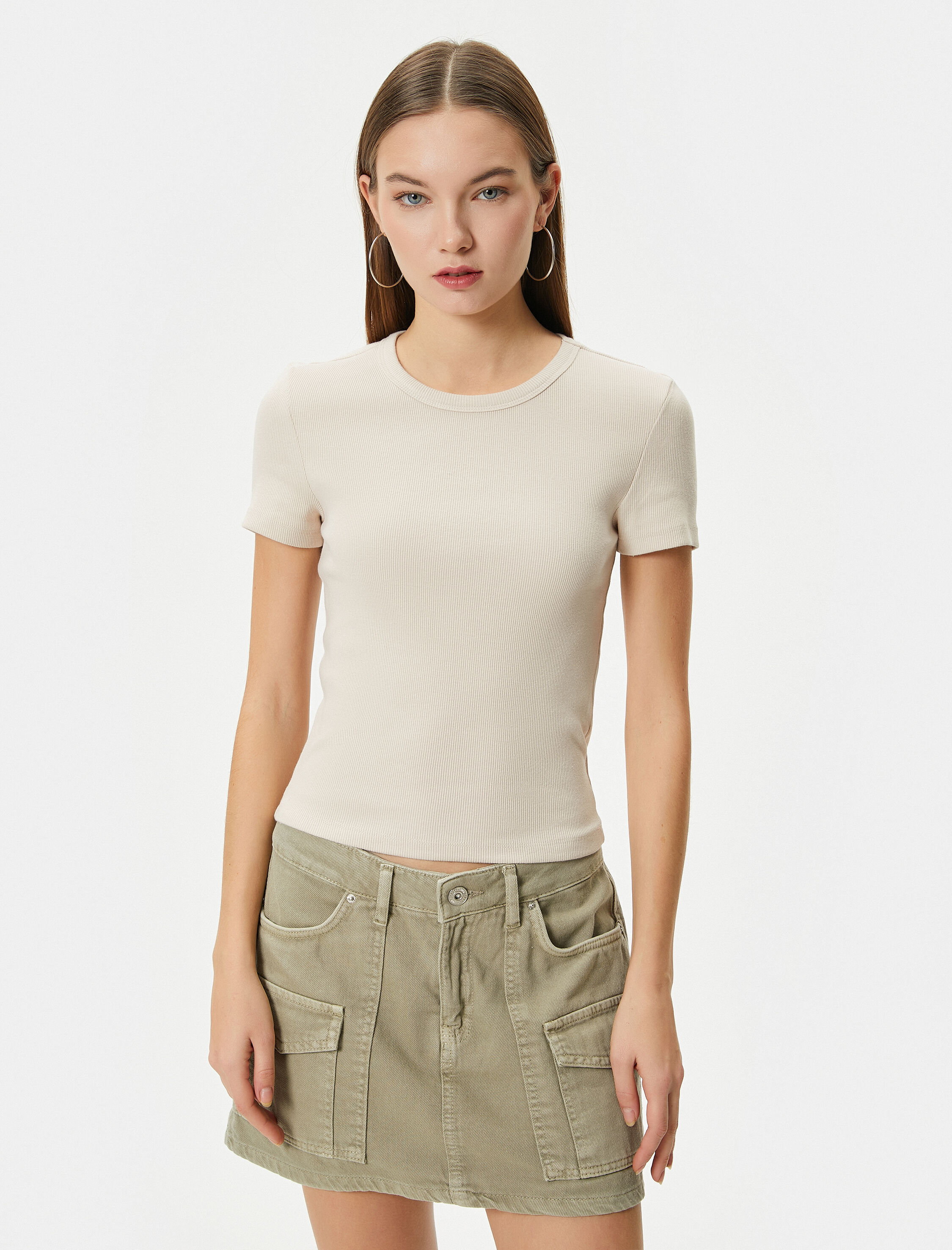   Basic Tişört Slim Fit Ribanalı Kısa Kollu Bisiklet Yaka Pamuklu